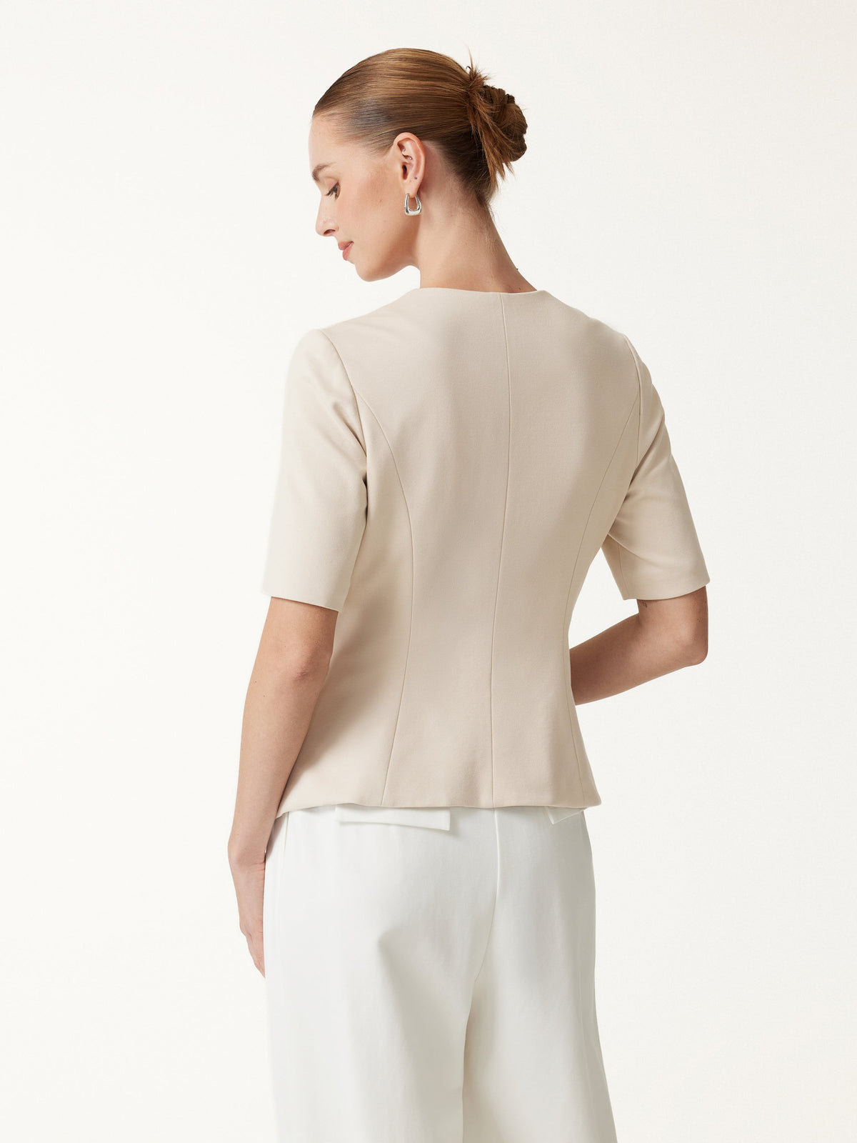 Ponte Office Round Neck Elbow Sleeve Jacket with Pockets — original photo 5
