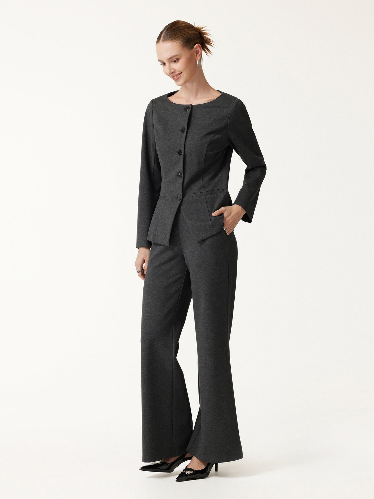 2Pcs Set Neck Long Sleeve Jacket with Pockets & Mid-Rise Wide-Leg Pants with Pockets — original photo 3