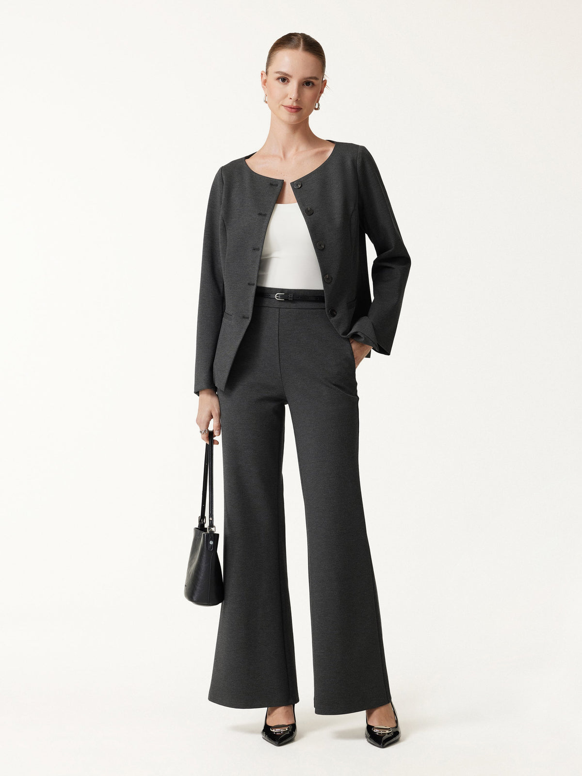 2Pcs Set Neck Long Sleeve Jacket with Pockets & Mid-Rise Wide-Leg Pants with Pockets — original photo 4