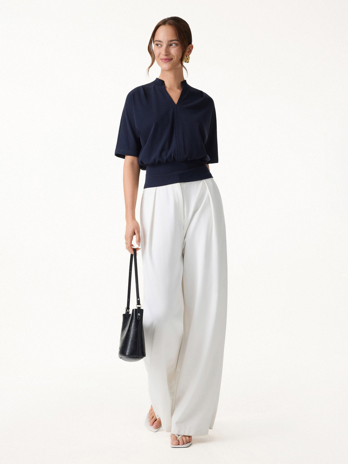 Stand Collar V-Neck Short Sleeve Top — original photo 2