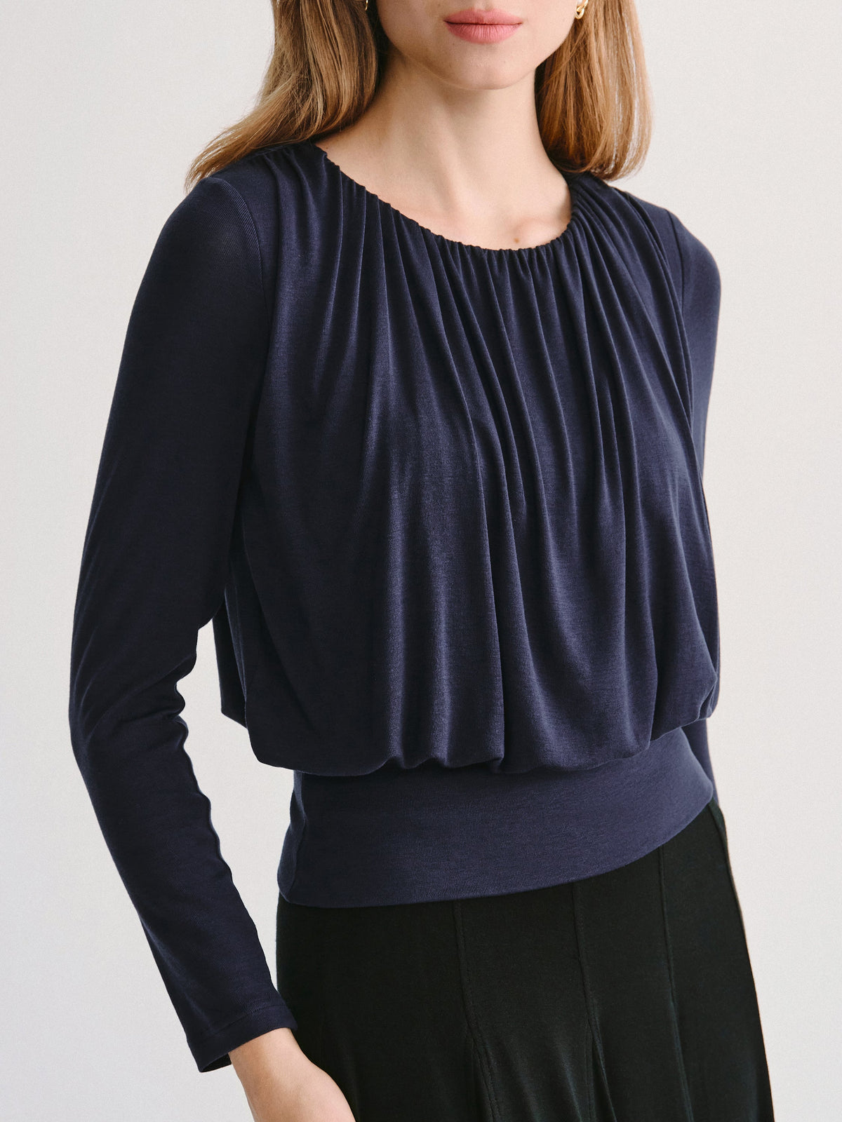 LiteWarm Lyocell-Wool Round Neck Long Sleeve Tucked Built-In Bra Top — original photo 5