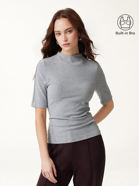 LiteWarm Mock Neck Elbow Sleeve Pintuck Built-In Bra Top — original photo 1