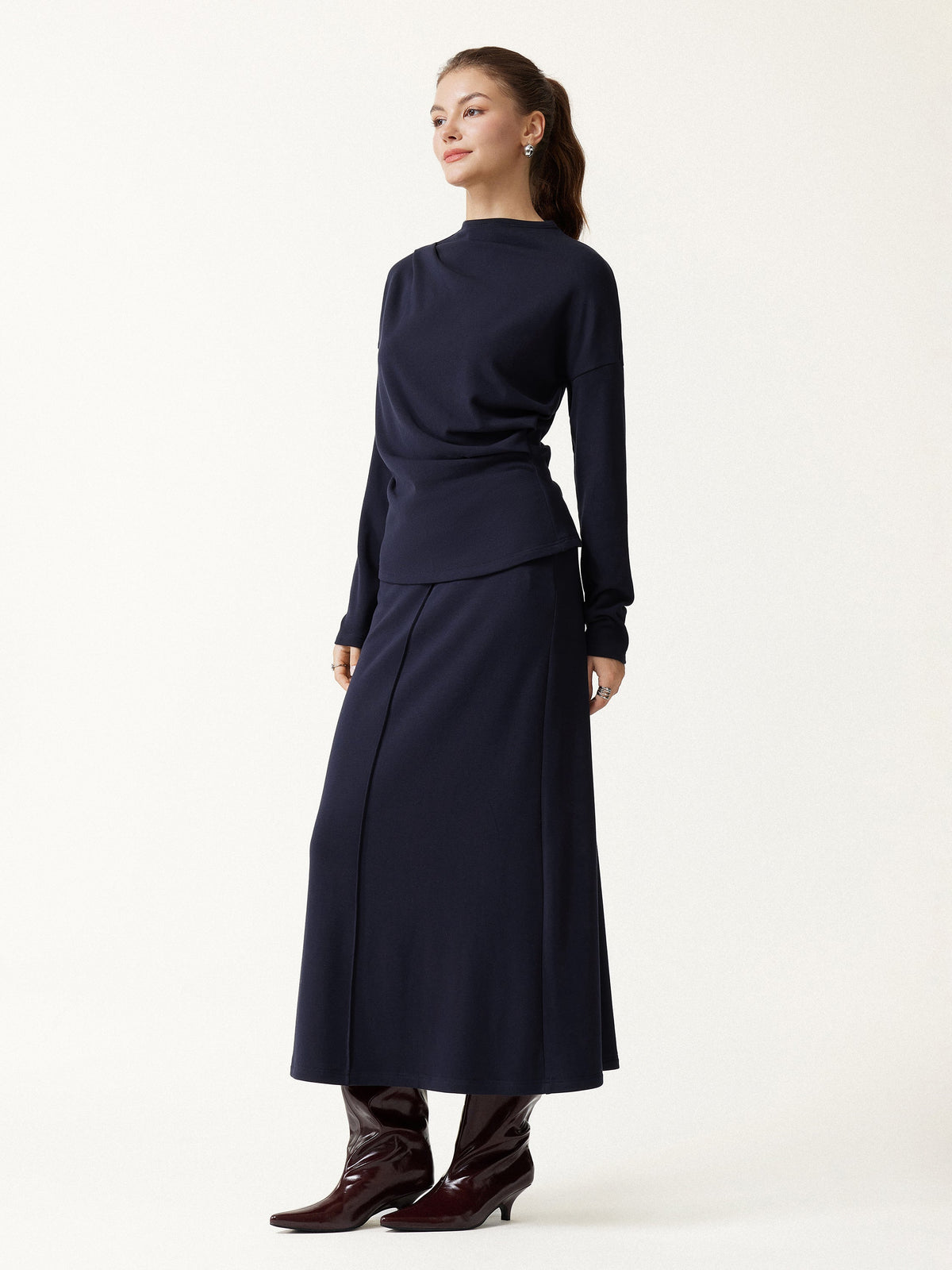 2Pcs Set Prowarm Mock Neck Long Sleeve Top & Mid-Rise A-Line Midi Skirt — original photo 4