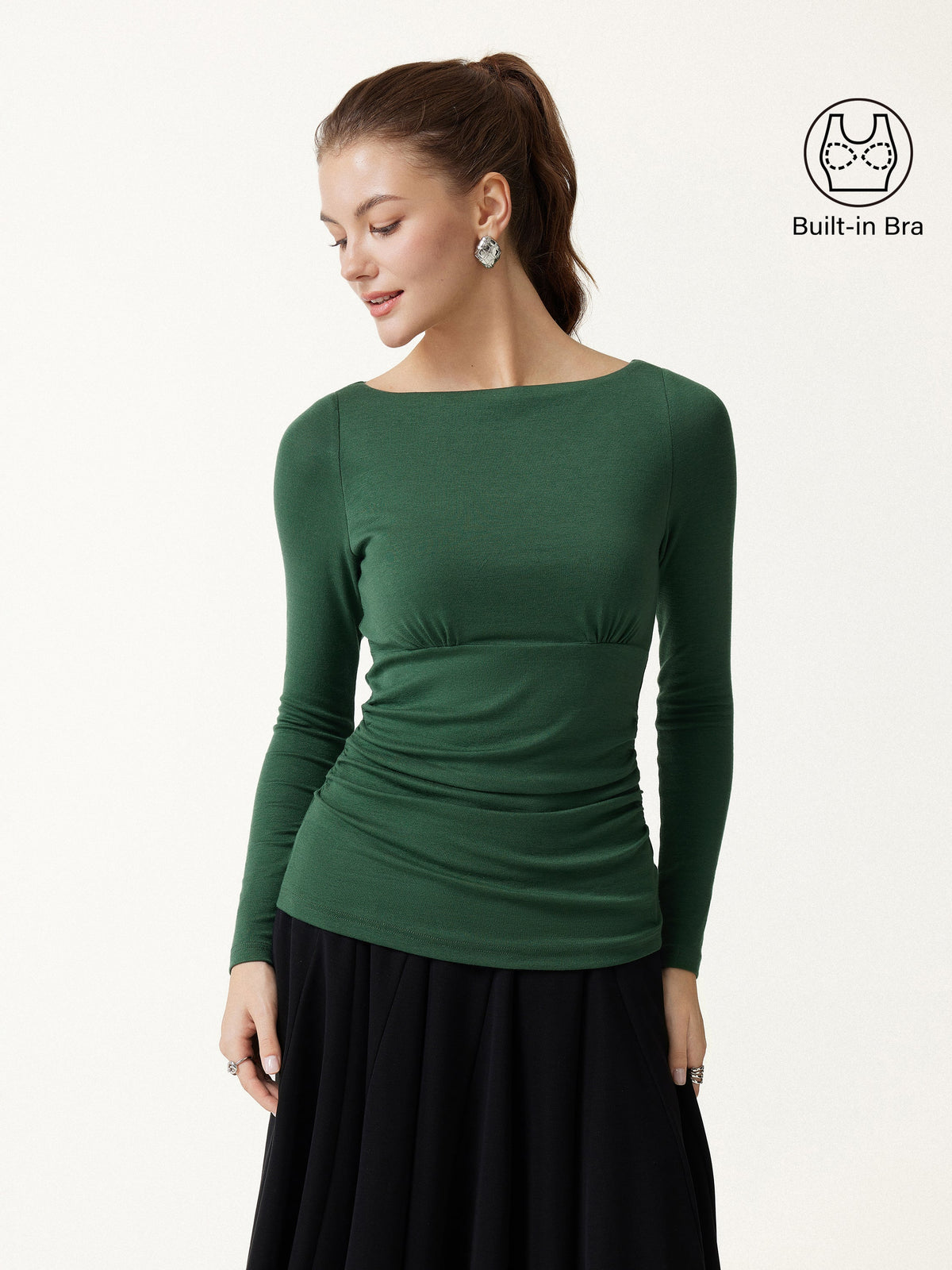 LiteWarm Boatneck Long Sleeve Ruched Built-In Bra Top — original photo 1