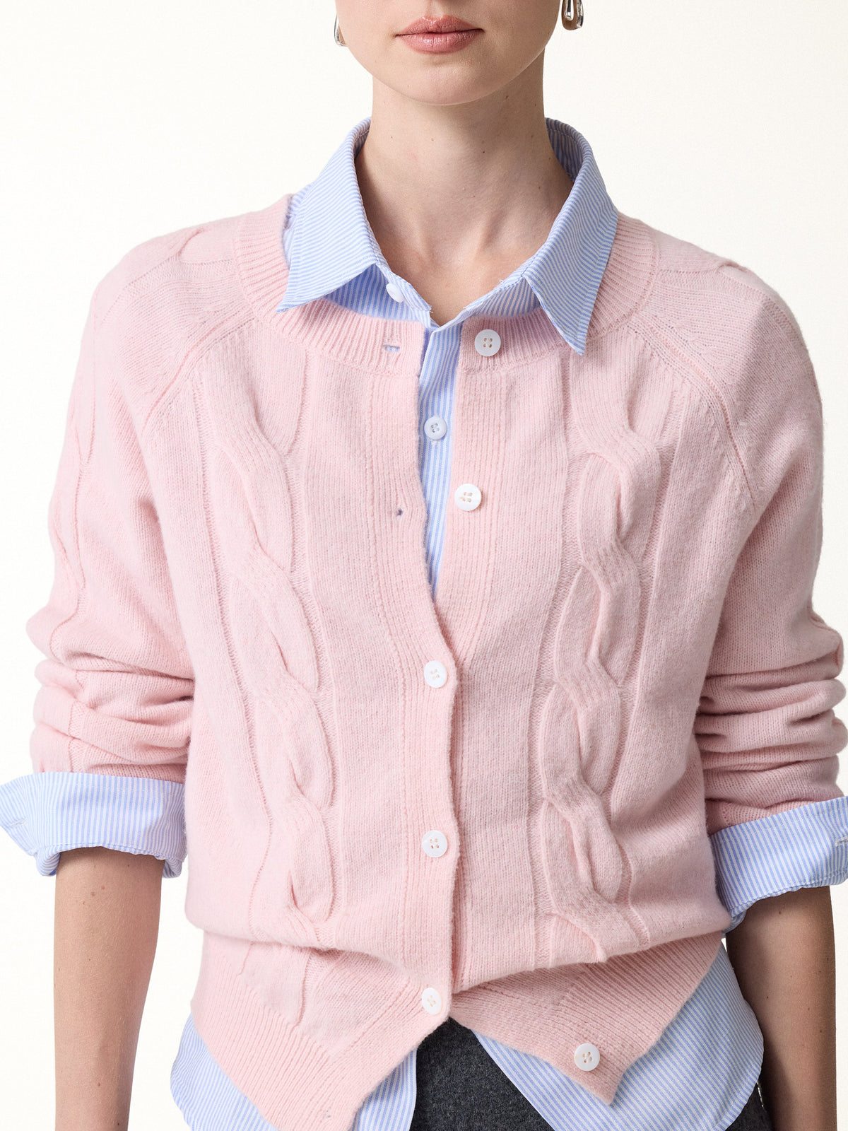 Merino-Blend Cable-Knit Crew Neck Long Sleeve Cardigan — original photo 5