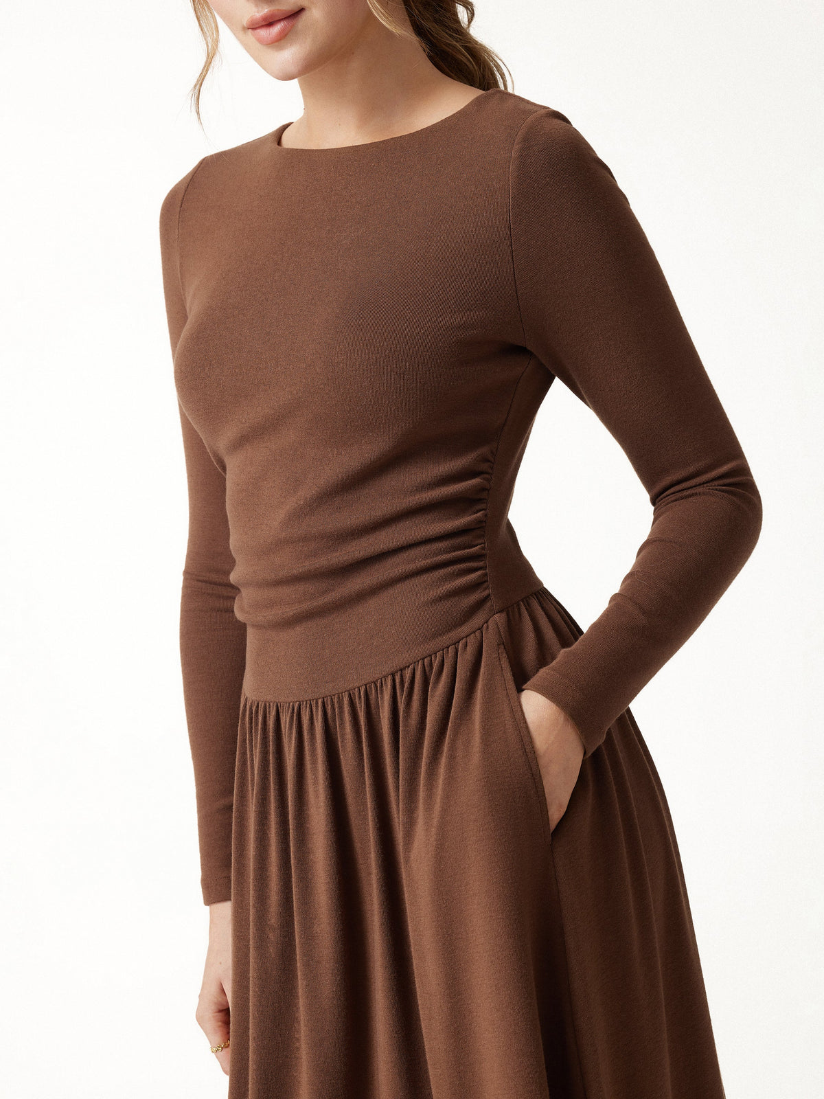 LiteWarm Boatneck Ruched Mini Built-In Bra Dress with Pockets — original photo 4