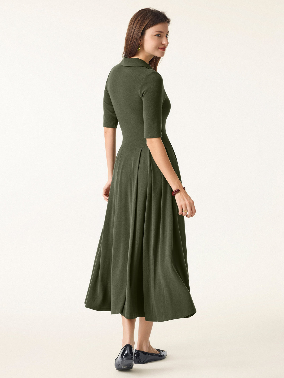 LiteWarm Polo Neck Elbow Length Sleeve Midi Built-In Bra Dress with Pockets — original photo 4