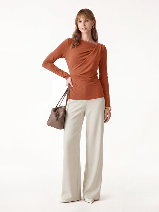 2Pcs Set LiteWarm Asymmetrical Neck Long Sleeve Top & Mid Rise Wide Leg Trouser — original photo 1