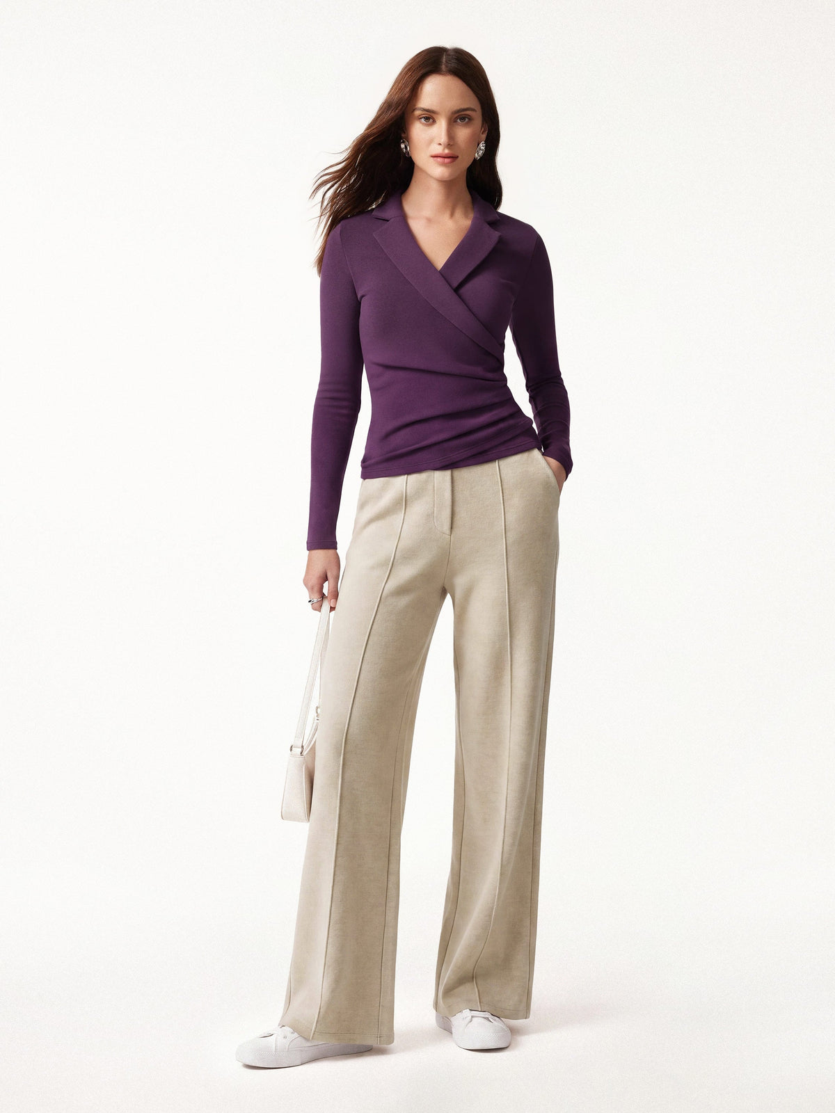 2Pcs Set Collared Surplice Top & High Waisted Straight Leg Pull On Pant — original photo 2
