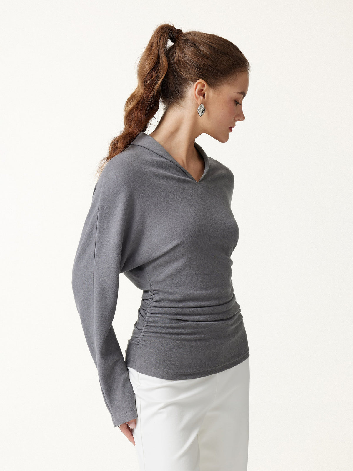 LiteWarm V-Neck Long Sleeve Ruched Top — original photo 1