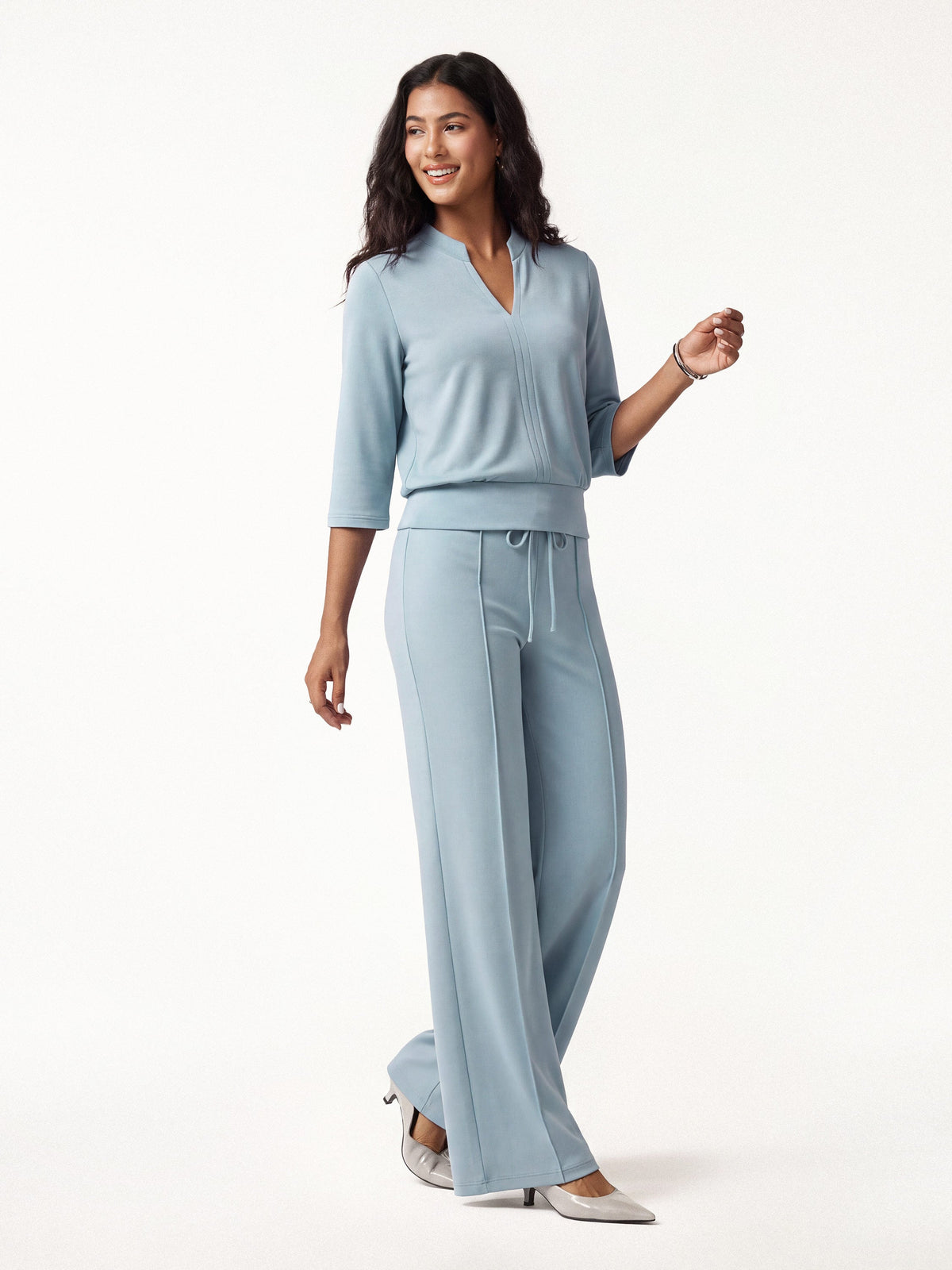 2Pcs Set V-Neck Elbow Sleeve Bam Top & High-Rise Flare Pants with Pockets — original photo 1