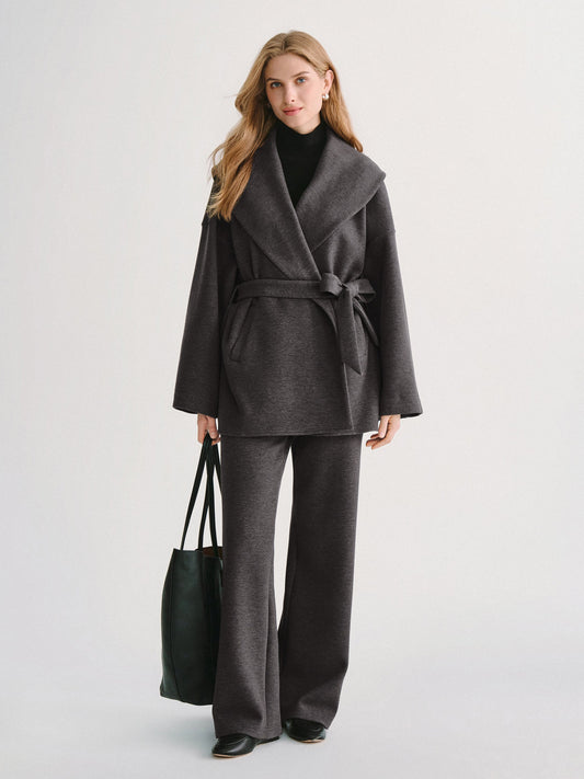 2Pcs Set Belted Shawl Collar Robe Jacket & Mid Rise Straight Pants with Pockets — original photo 1