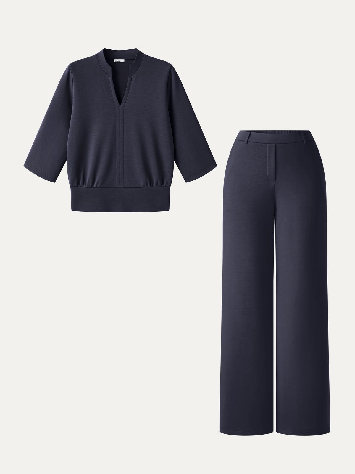 2Pcs Set Petite V-Neck Elbow Sleeve Top & High-Rise Wide Leg Pants with Pockets — original photo 13