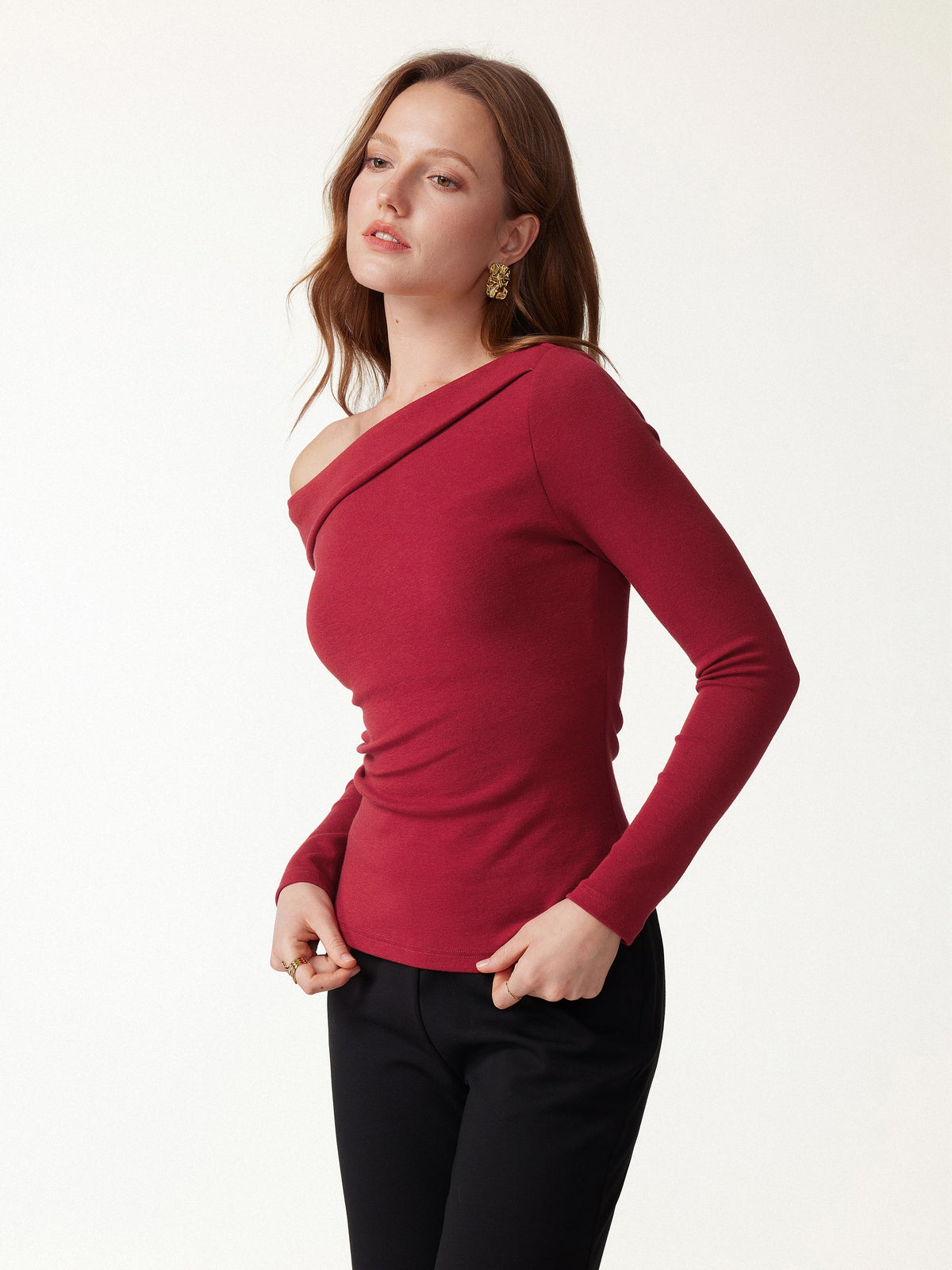 LiteWarm Asymmetrical Neck Long Sleeve Built-In Bra Top — original photo 3