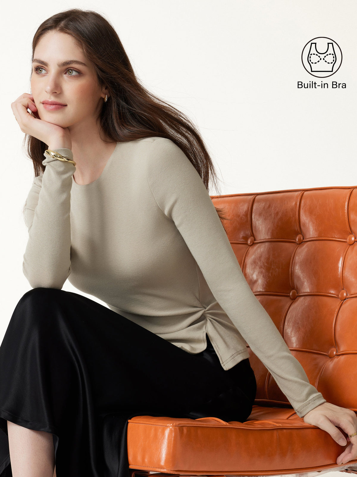 LiteWarm Round Neck Long Sleeve Twist-Hem Built-In Bra Top — original photo 1
