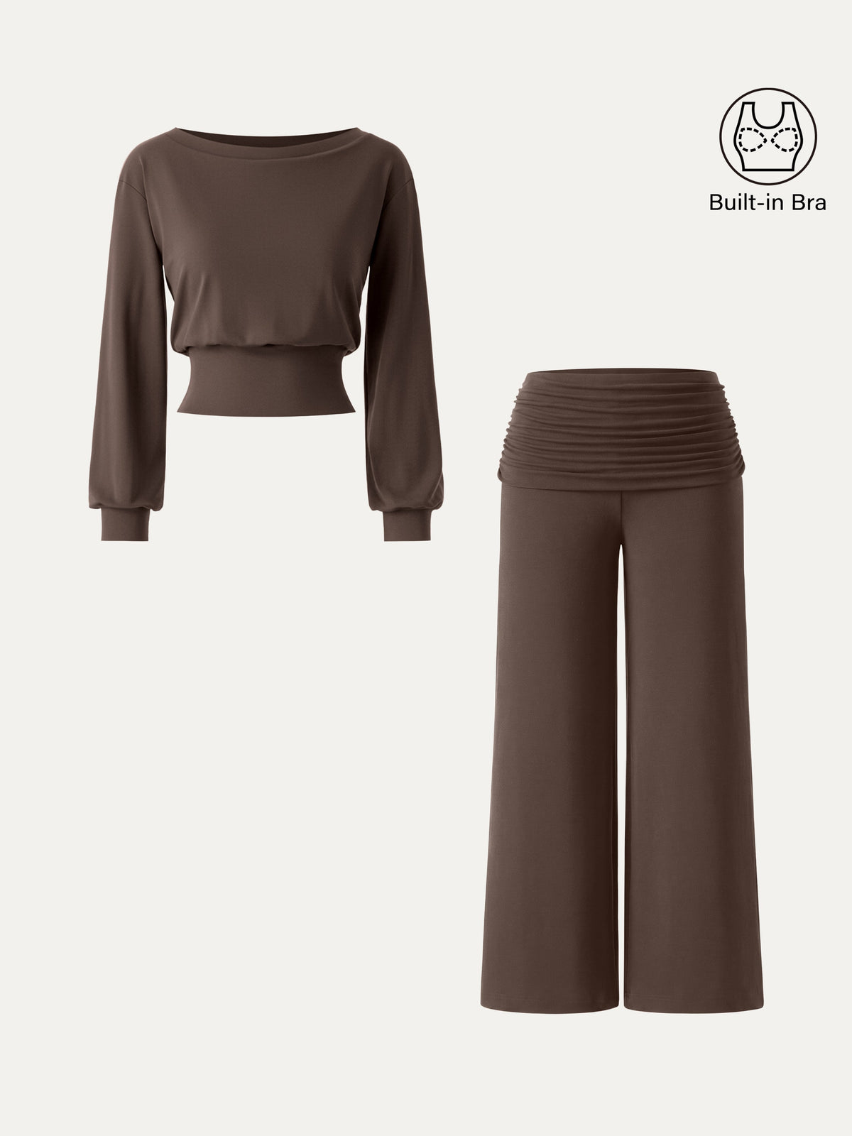 2Pcs Set Boatneck Built-In Bra & Drapey Wide Leg Pull-on Pants with Pockets — original photo 12