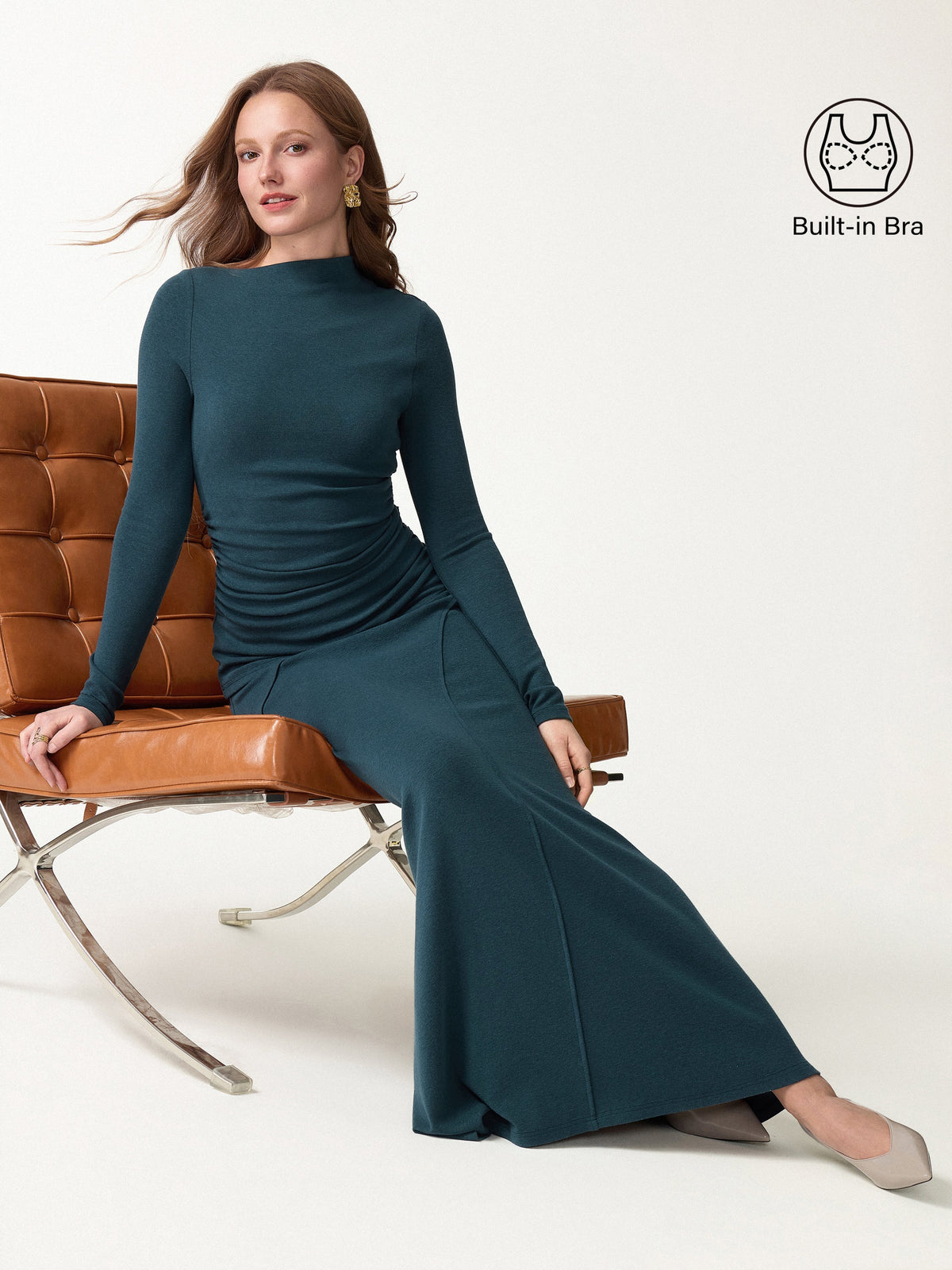 2Pcs Set LiteWarm Asymmetrical Long Sleeve Built-In Bra Top & A-Line Midi Skirt — original photo 1