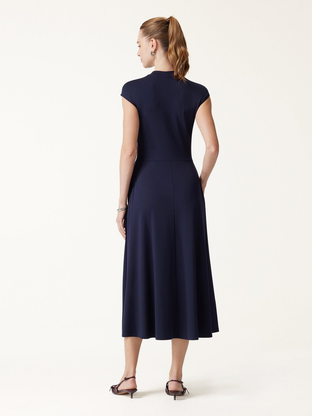 Ponte Mock Neck Ruched A-Line Midi Dress with Pockets — original photo 3
