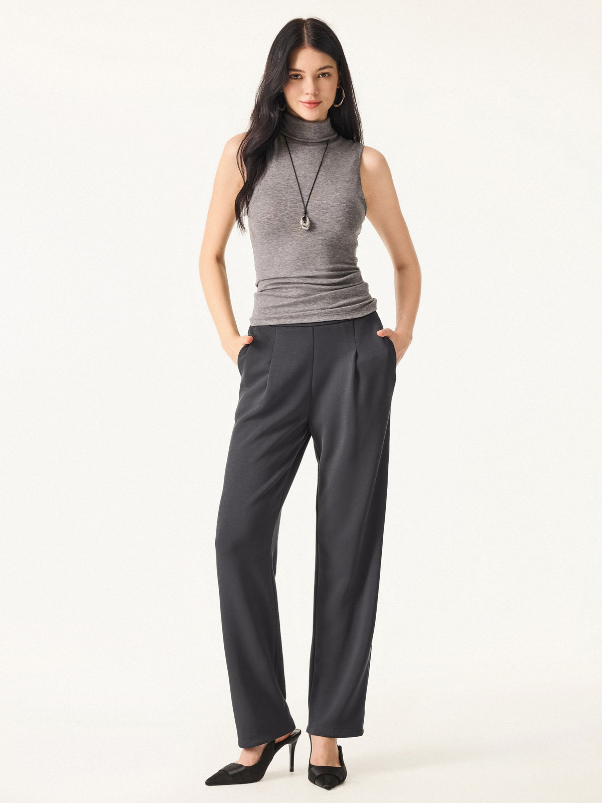 Sandwashed Spacer Mid Rise Straight Leg Pull-on Trousers with Pockets — original photo 2