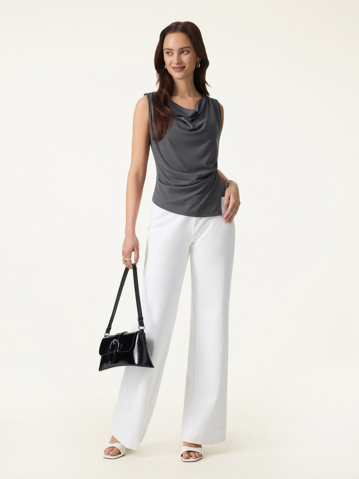 Cowl Neck Asymmetrical Tucked Sleeveless Top — original photo 2