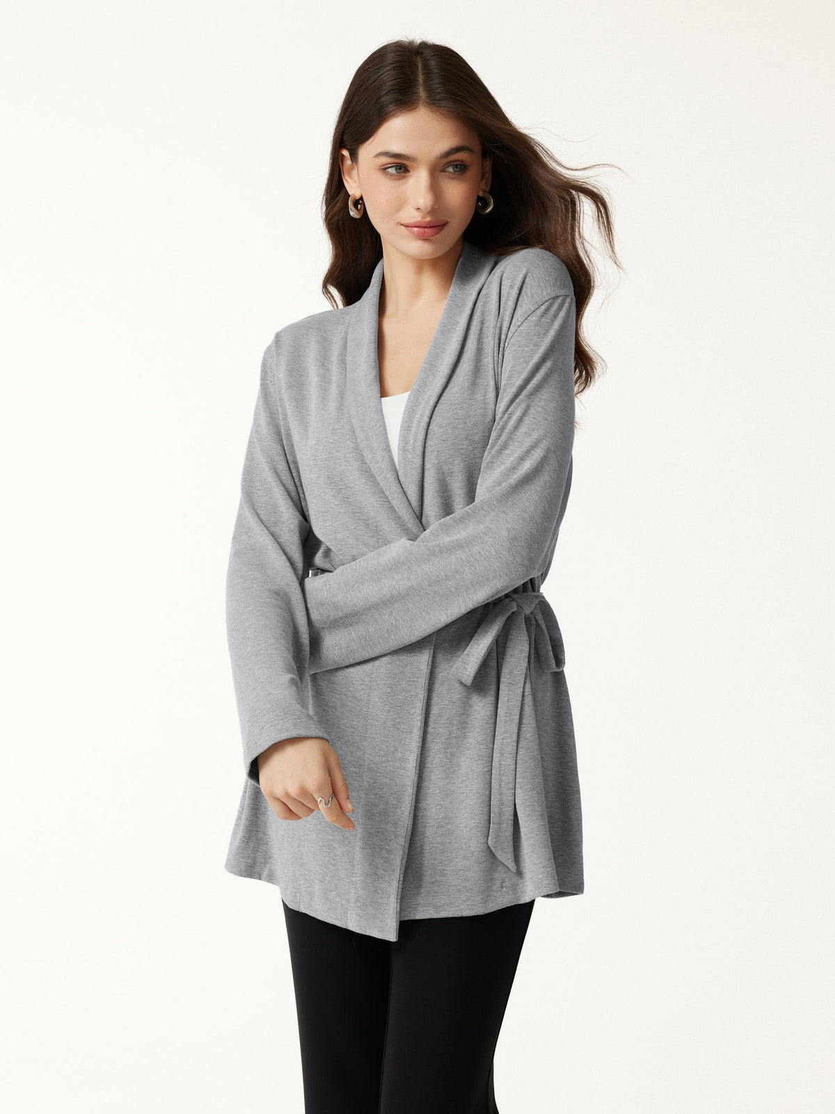 LiteWarm Lapel Long Sleeve Belted Cardigan — original photo 3