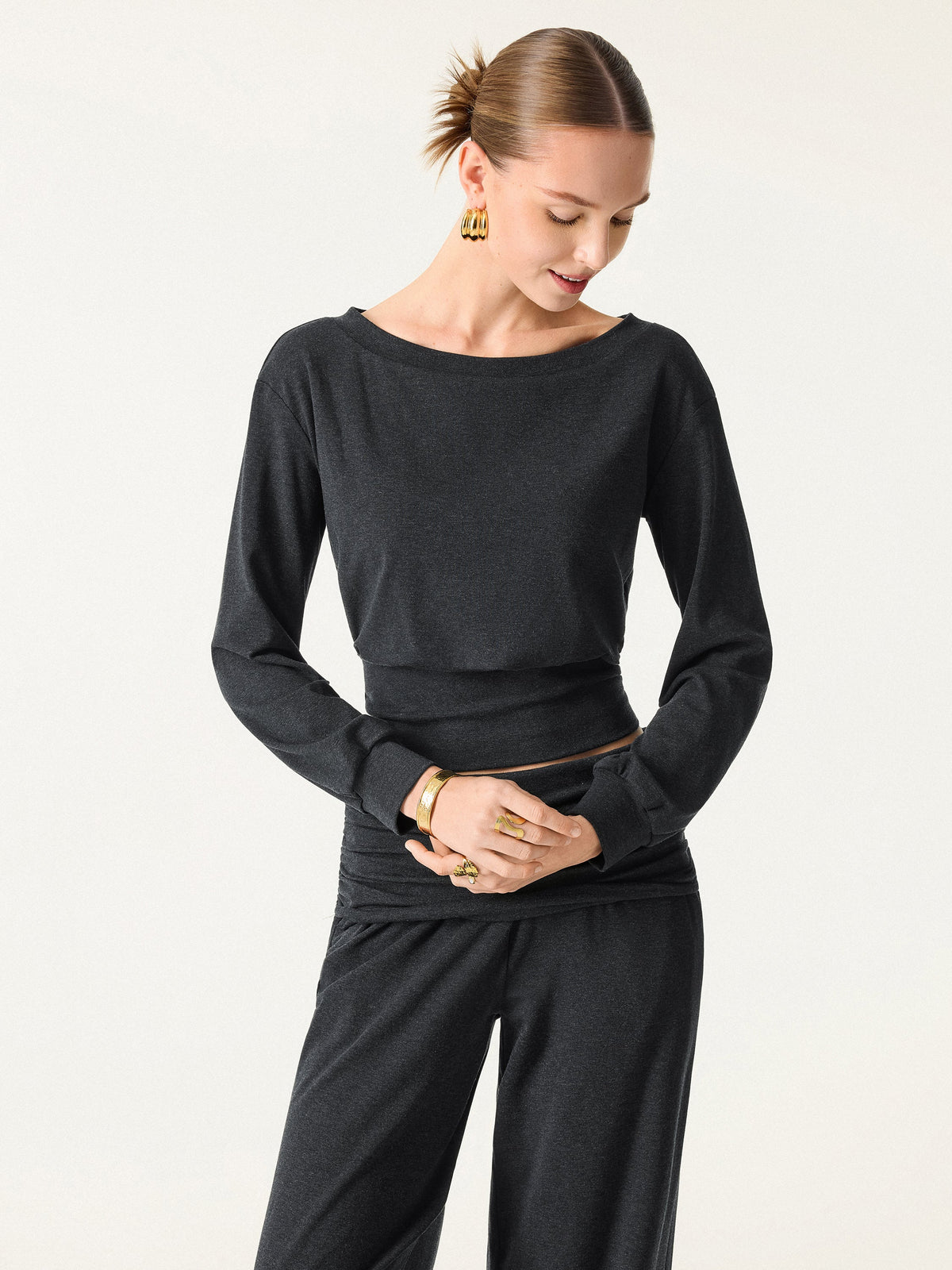 2Pcs Set Boatneck Built-In Bra & Drapey Wide Leg Pull-on Pants with Pockets — original photo 3