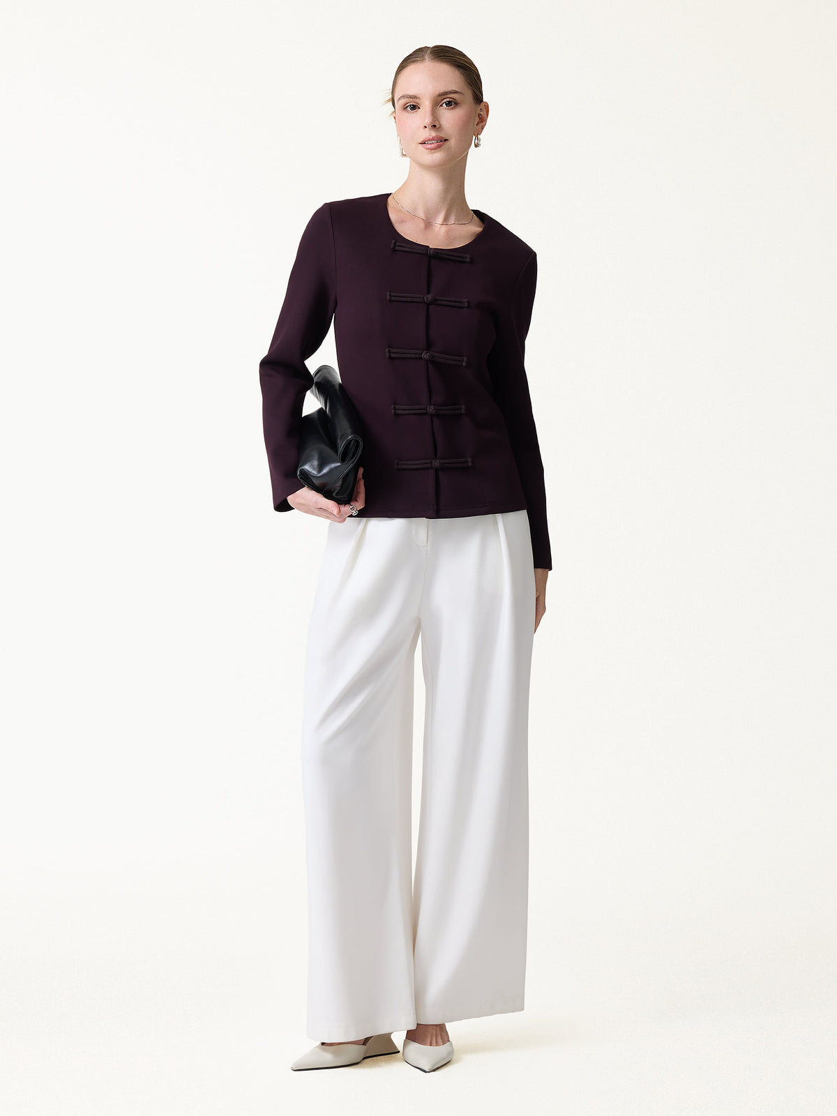 Stretch Ponte Frog-Button Round Neck Long Sleeve Jacket — original photo 2