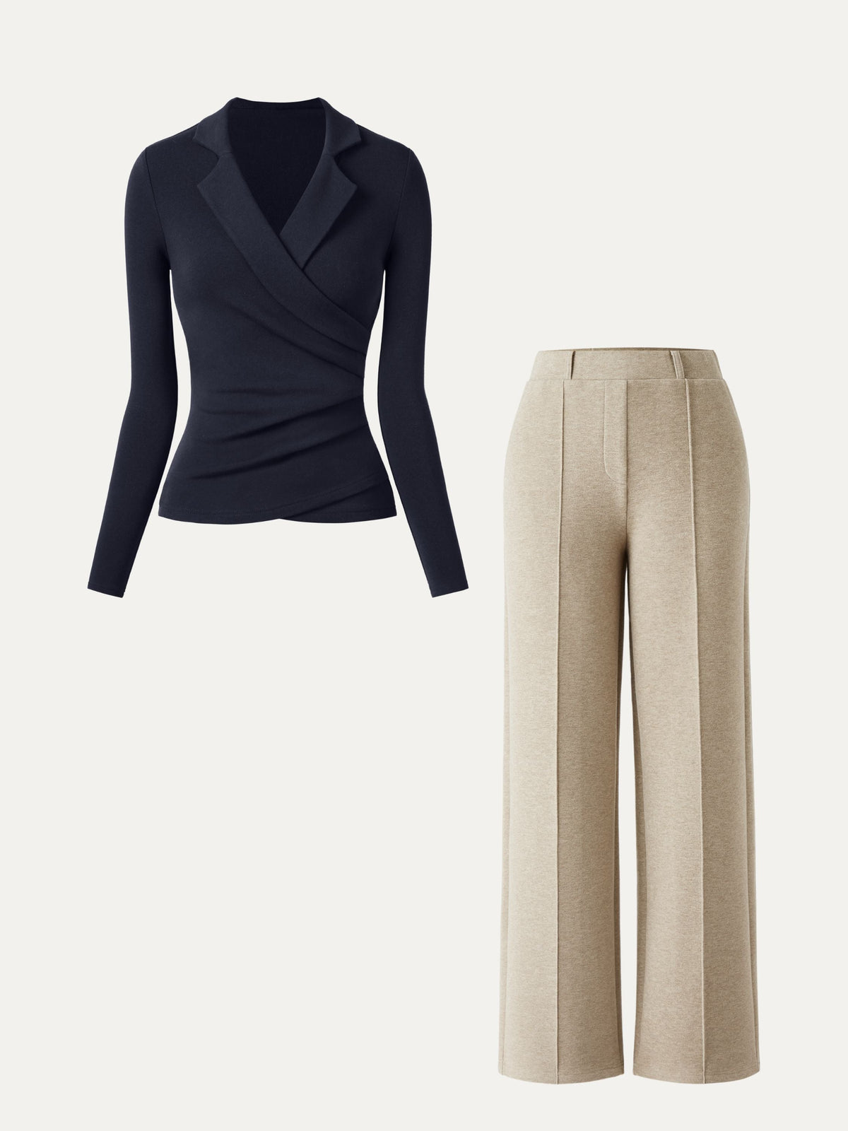 2Pcs Set Collared Surplice Top & High Waisted Straight Leg Pull On Pant — original photo 11