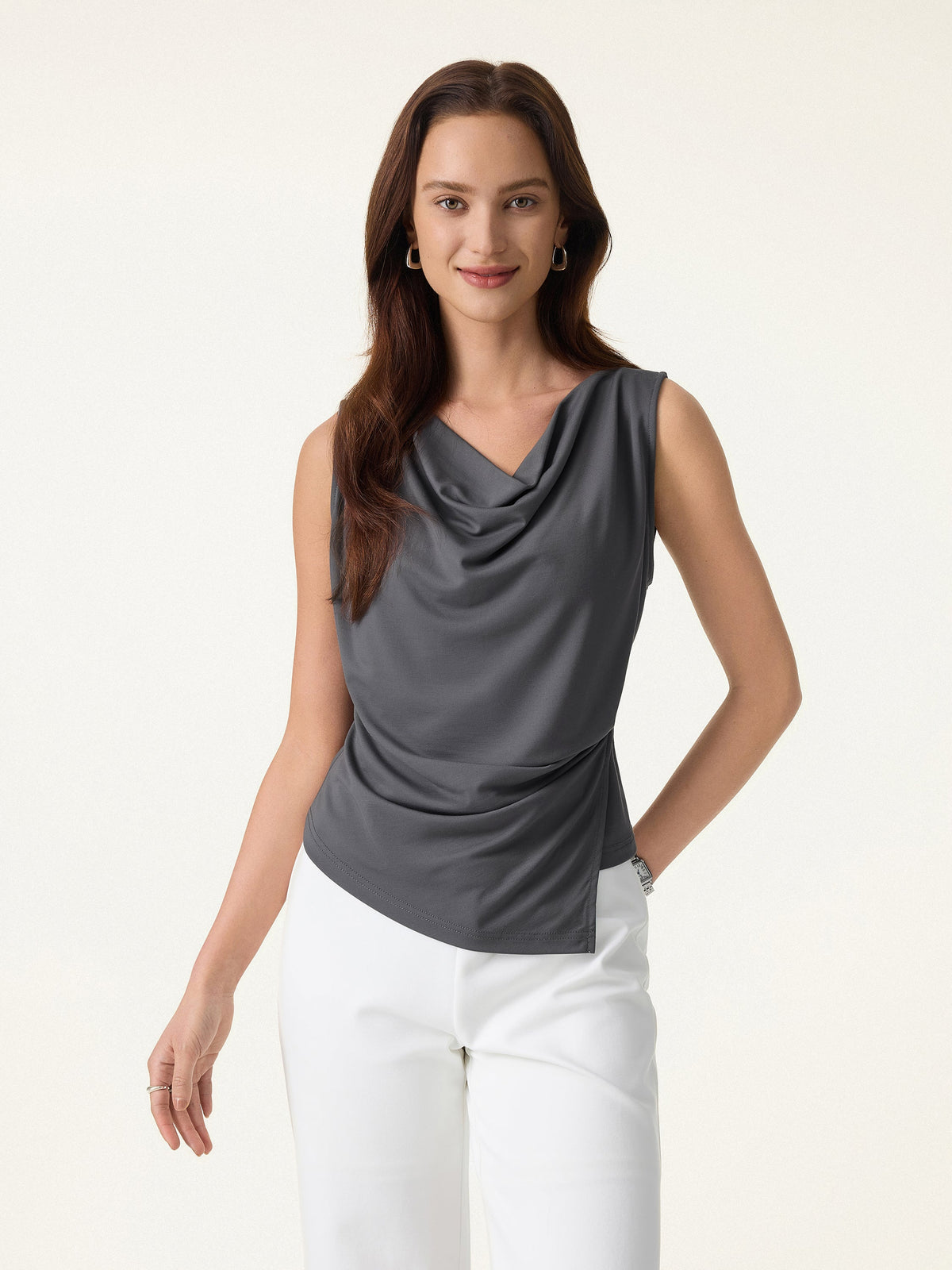 Cowl Neck Asymmetrical Tucked Sleeveless Top — original photo 3