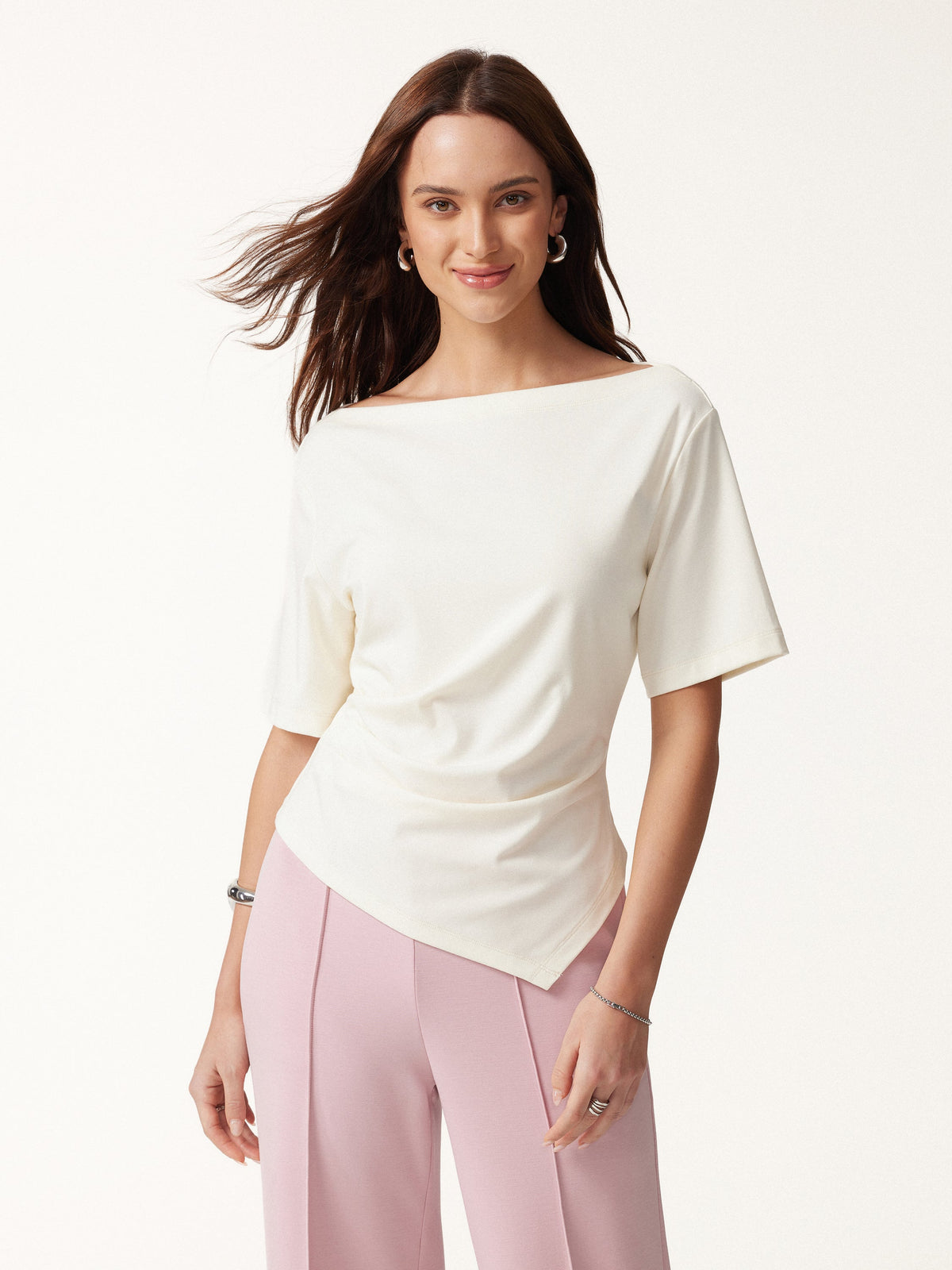 Cotton Blend Boatneck Elbow Sleeve Asymmetrical Tucked Top — original photo 1