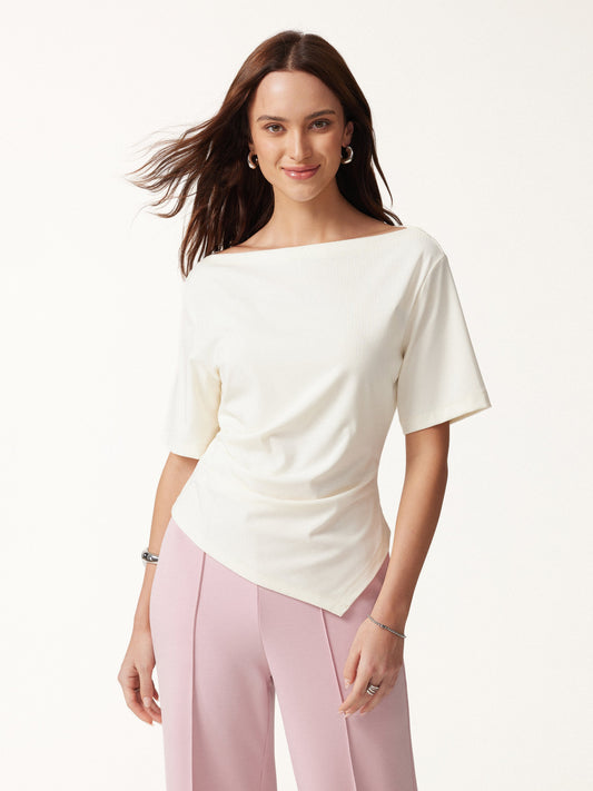 Cotton Blend Boatneck Elbow Sleeve Asymmetrical Tucked Top — original photo 1