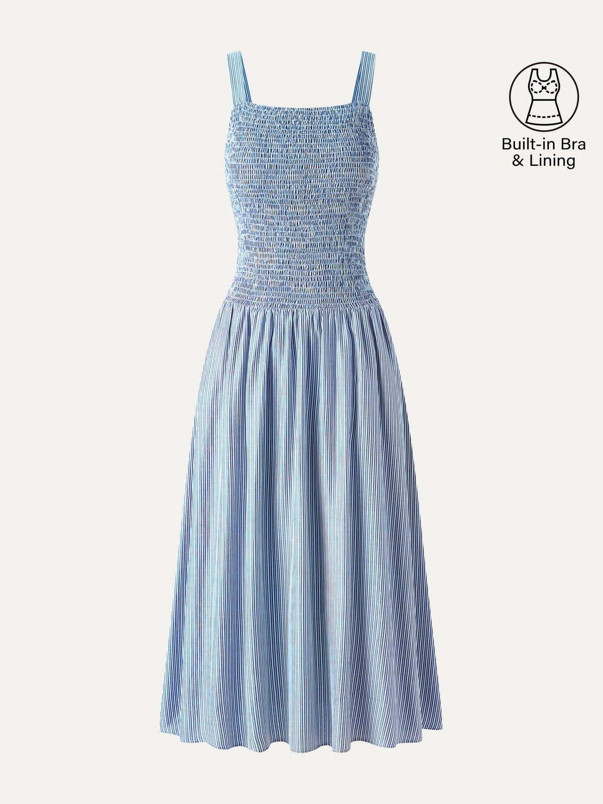 Striped Poplin Square Neck Smocked Midi Built-In Bra Dress — original photo 10