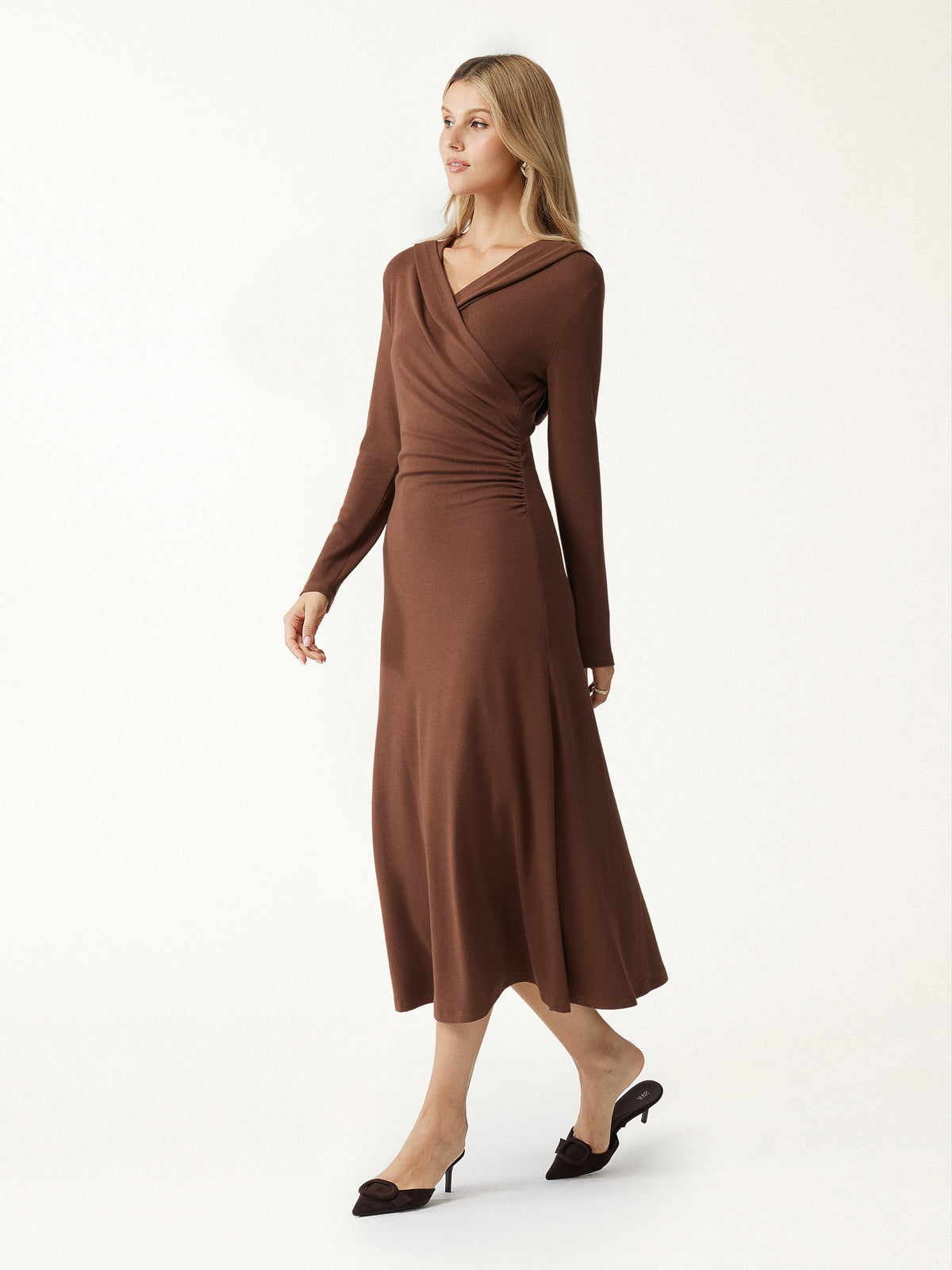 LiteWarm Hooded Surplice Ruched Midi Dress — original photo 3