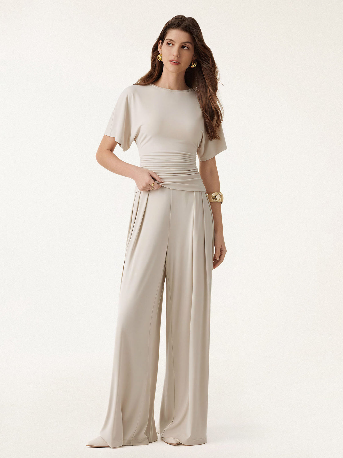 2Pcs Set Boatneck Batwing Sleeve Top & Wide Leg Palazzo Pant with Pockets — original photo 1