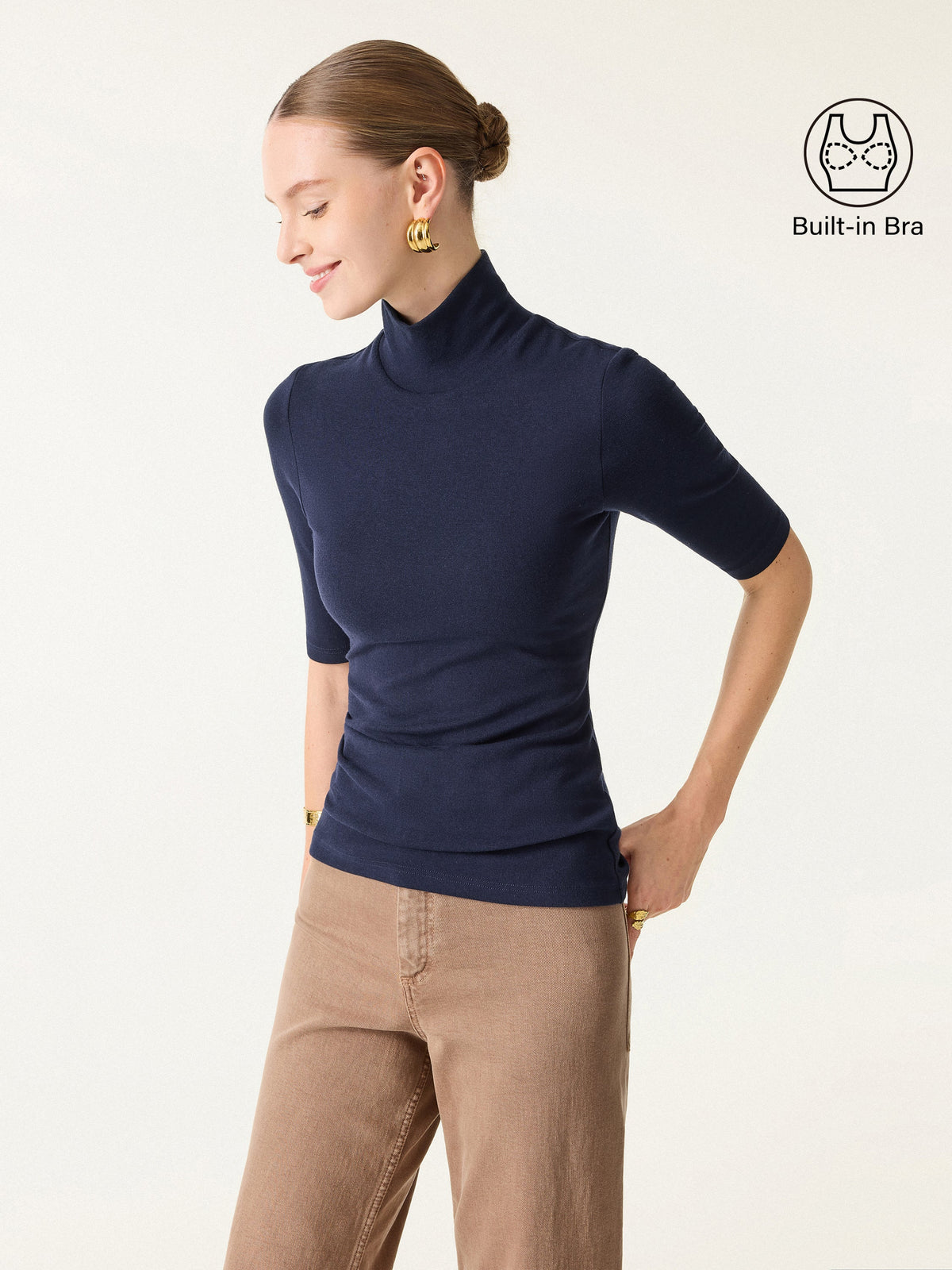 LiteWarm Essential Turtleneck Elbow Length Sleeve Built-In Bra Top — original photo 3