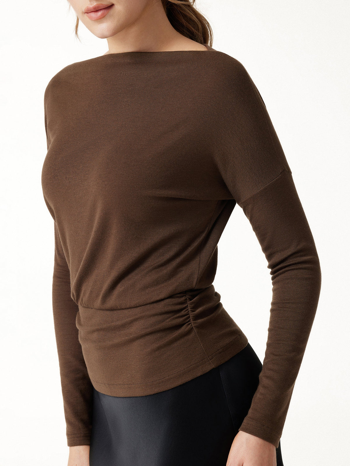 LiteWarm Lyocell-Wool Slash Neck Long Sleeve Ruched Banded Hem Top — original photo 6