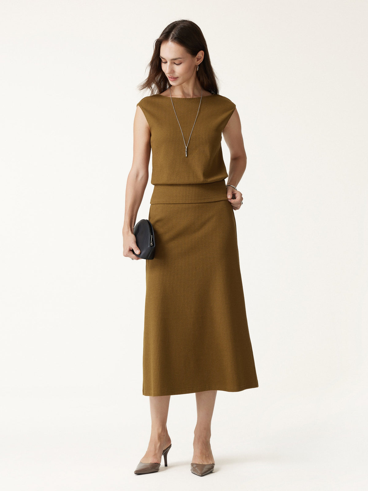 Textured Cotton Blend Mid-Rise A-Line Midi Skirt — original photo 2