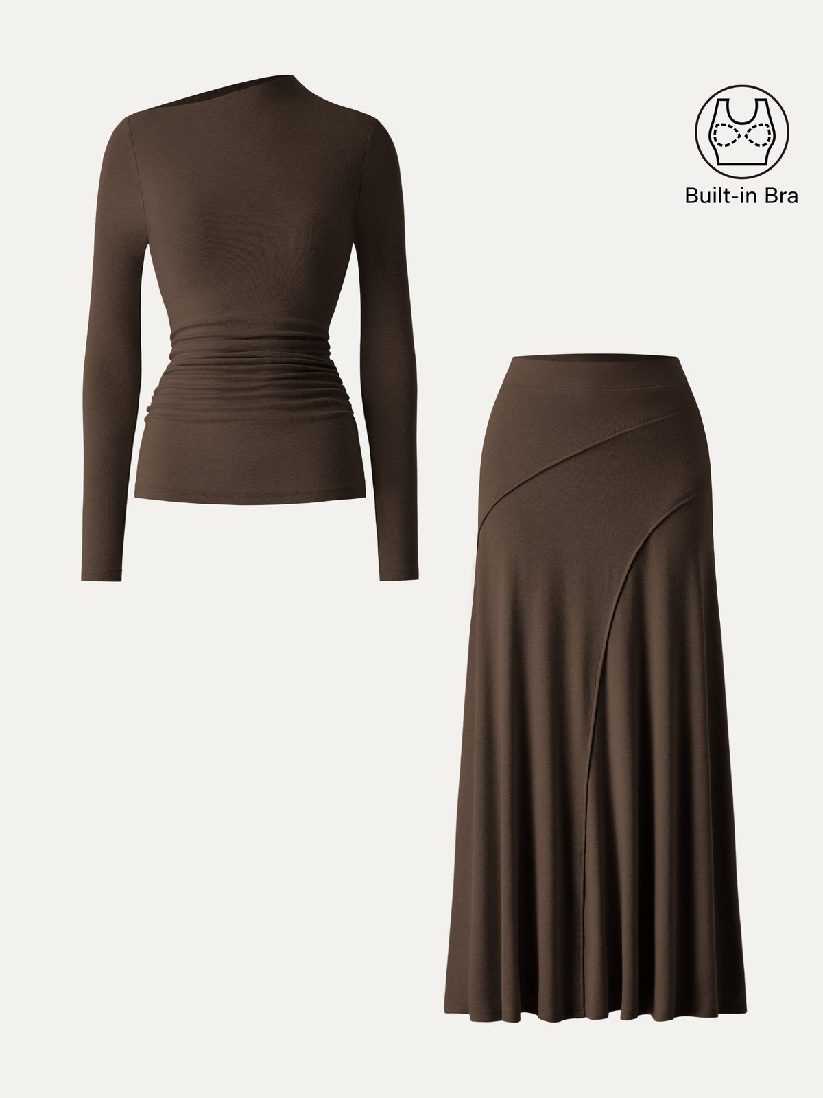 2Pcs Set LiteWarm Asymmetrical Long Sleeve Built-In Bra Top & A-Line Midi Skirt — original photo 12
