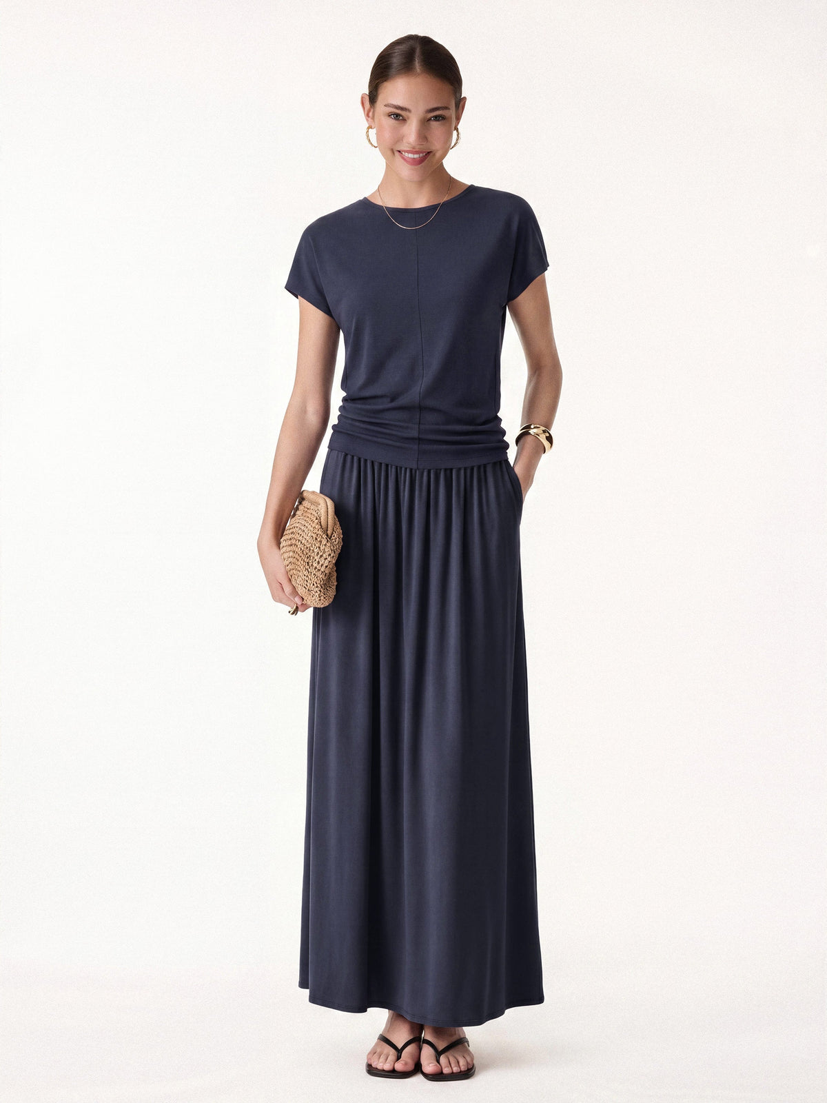 2Pcs Set Round Neck Top & A-Line Maxi Skirt with Pockets — original photo 1