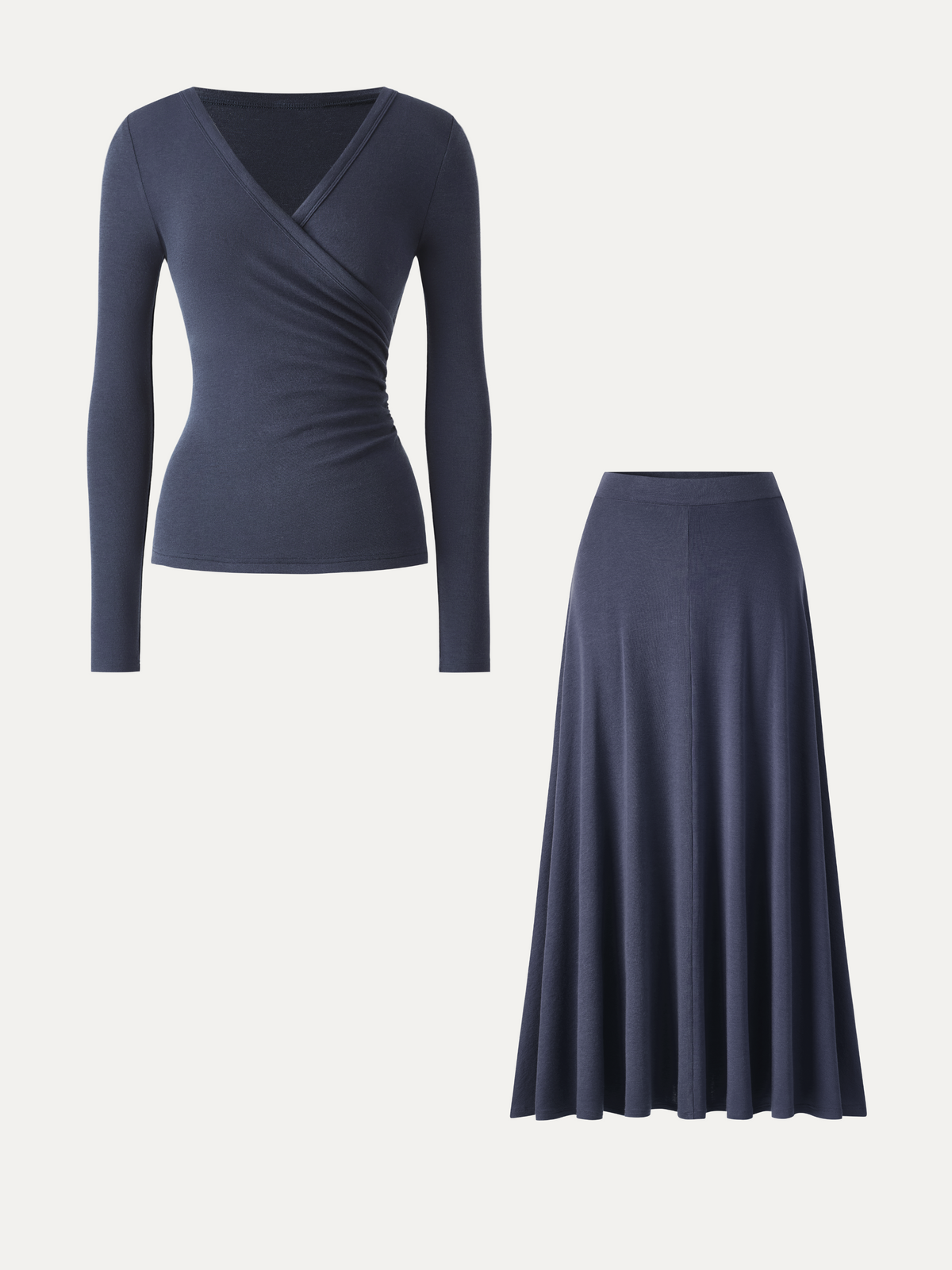2Pcs Set LiteWarm Surplice Ruched Top & Blend Mid-Rise Umbrella Maxi Skirt — original photo 2
