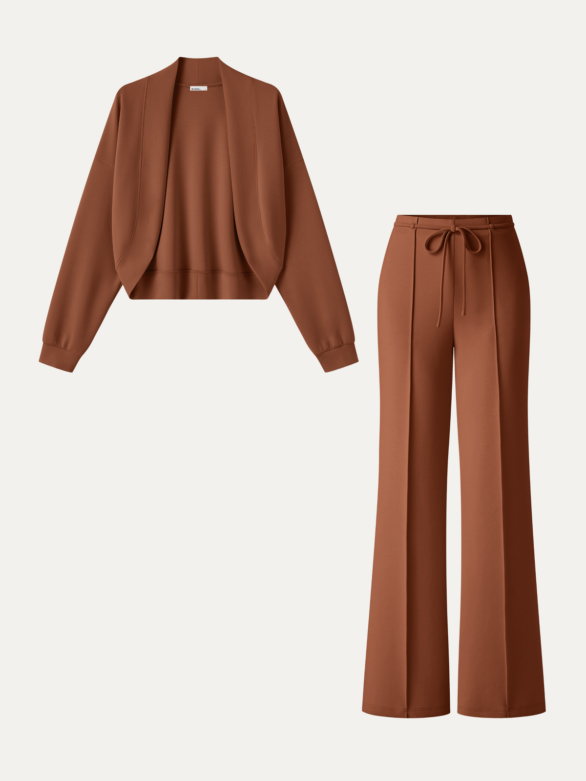 2Pcs Set Long Sleeve Drop-Shoulder Cardigan & High-Rise Flare Pants with Pockets — original photo 12