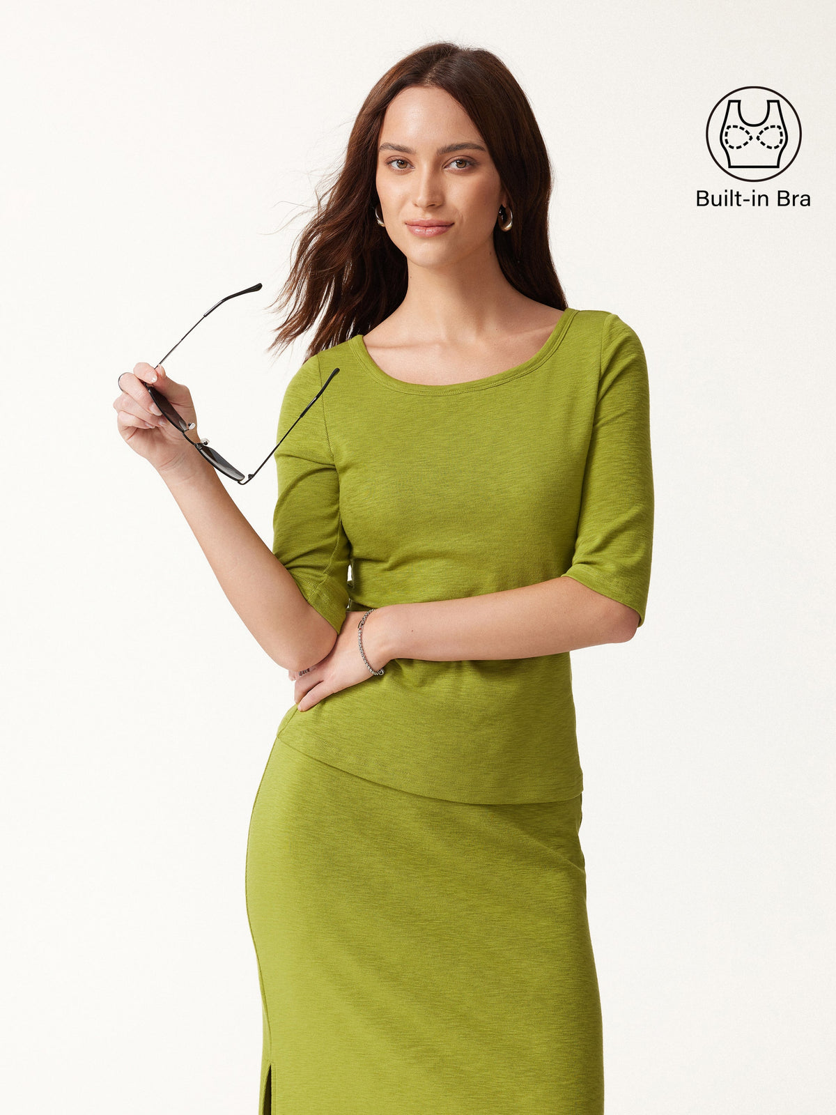 LiteWarm Round Neck Elbow Sleeve Built-In Bra Top — original photo 1
