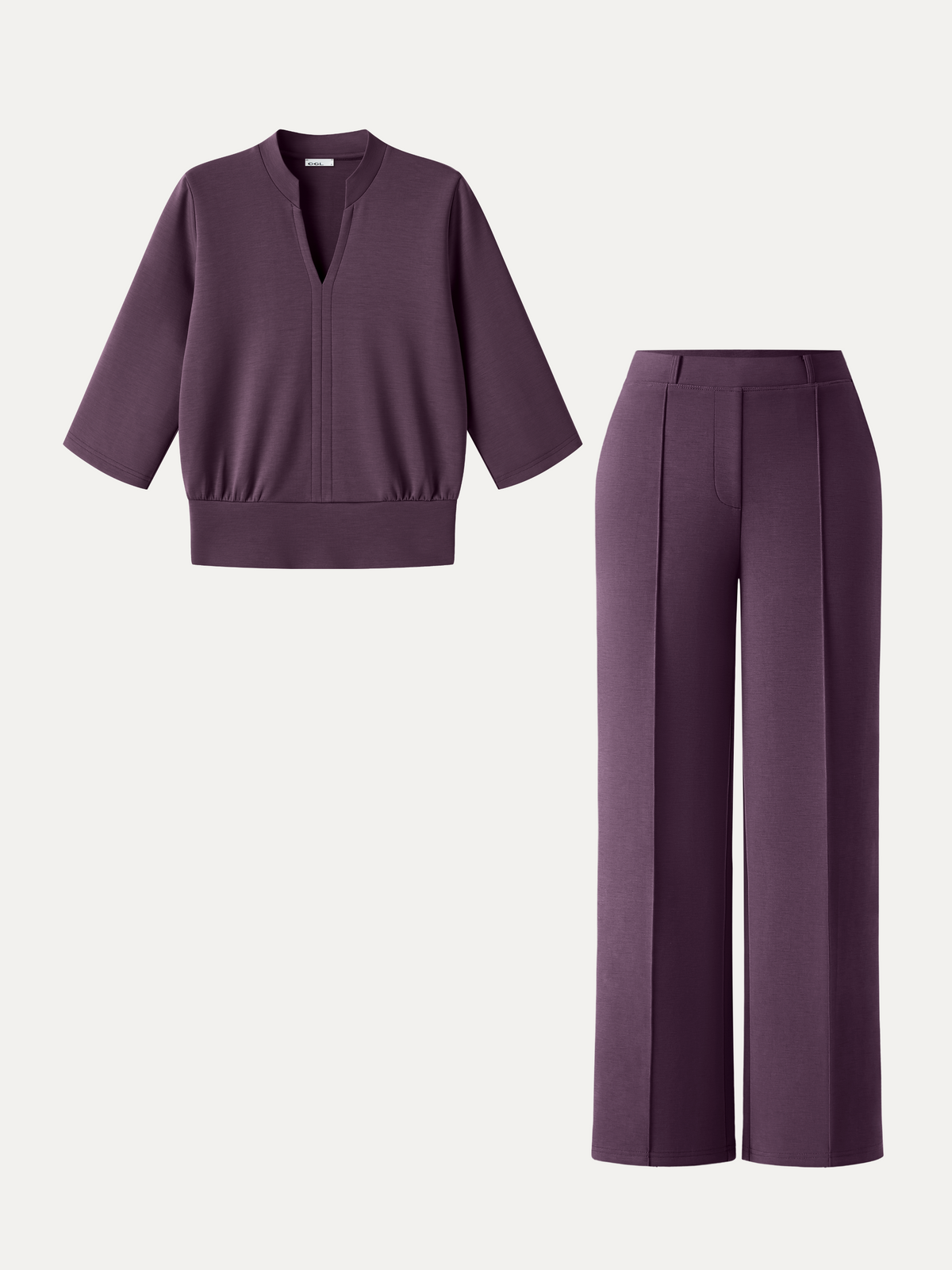 2Pcs Set V-Neck Elbow Sleeve Top & Mid Rise Straight Leg Pants with Pockets — original photo 10