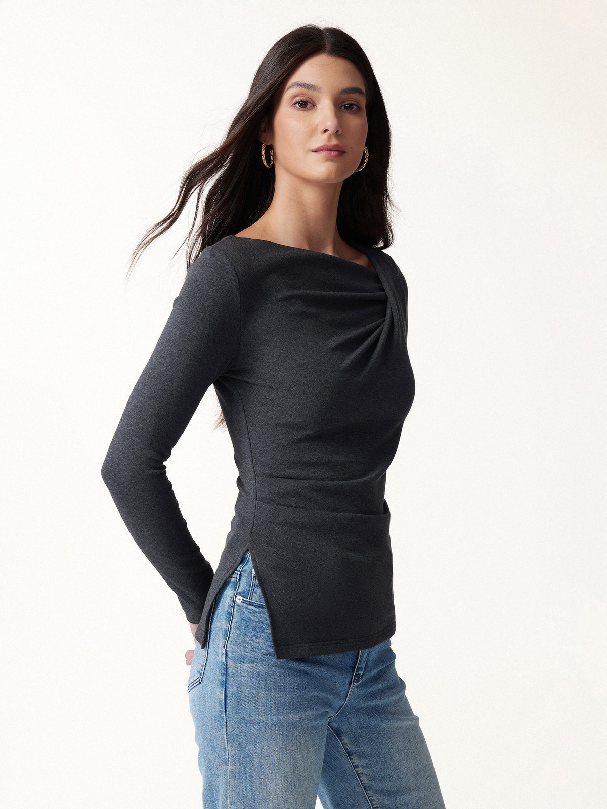 LiteWarm Asymmetrical Neck Long Sleeve Tucked-Waist Top — original photo 3
