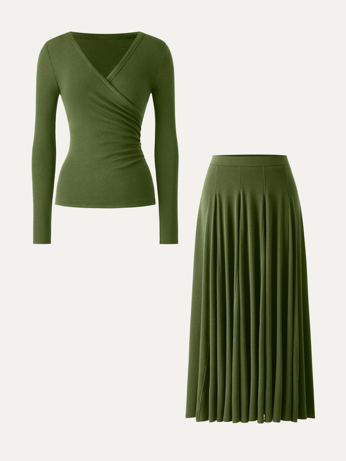 2Pcs Set LiteWarm Surplice Ruched Long Sleeve & Godet Hem Pull-on Maxi Skirt — original photo 12
