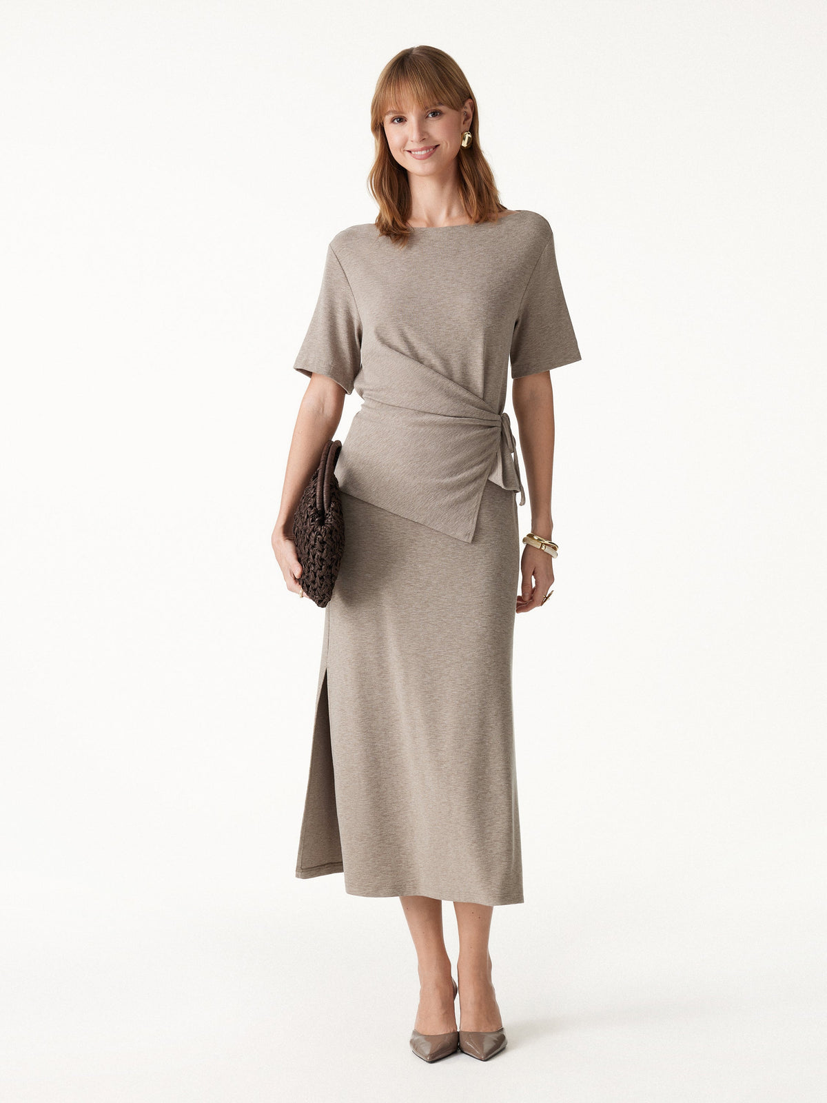 2Pcs Set LiteWarm Short Sleeve Tie-Side Top & Side-Slit A-Line Midi Skirt — original photo 3