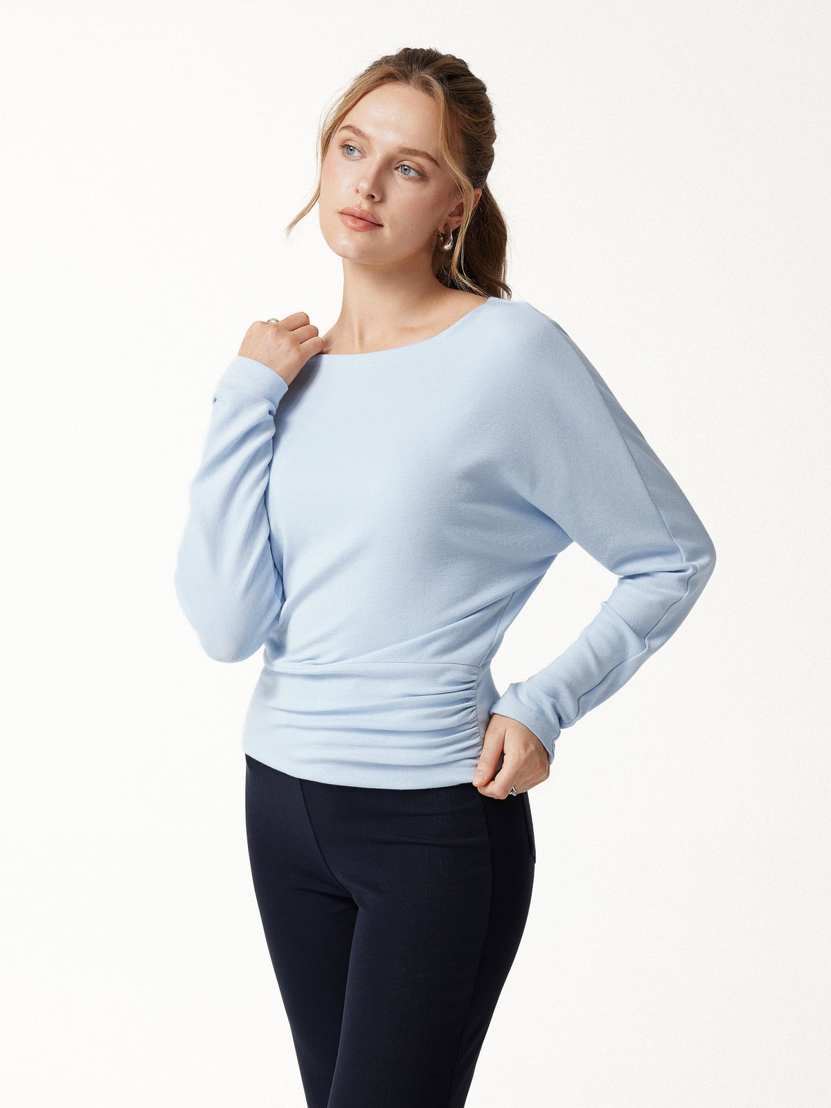 LiteWarm Slash Neck Batwing Sleeve Ruched Banded Hem Top — original photo 1