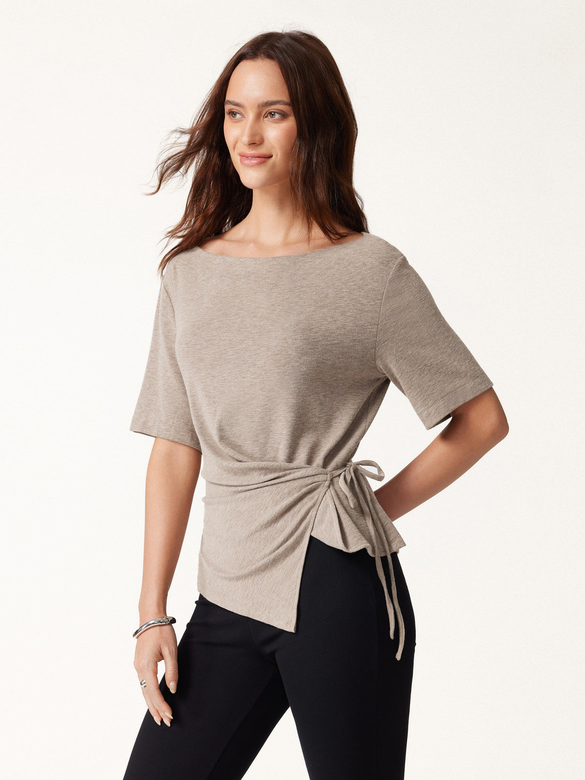 LiteWarm Slash Neck Short Sleeve Tie-Side Top — original photo 3