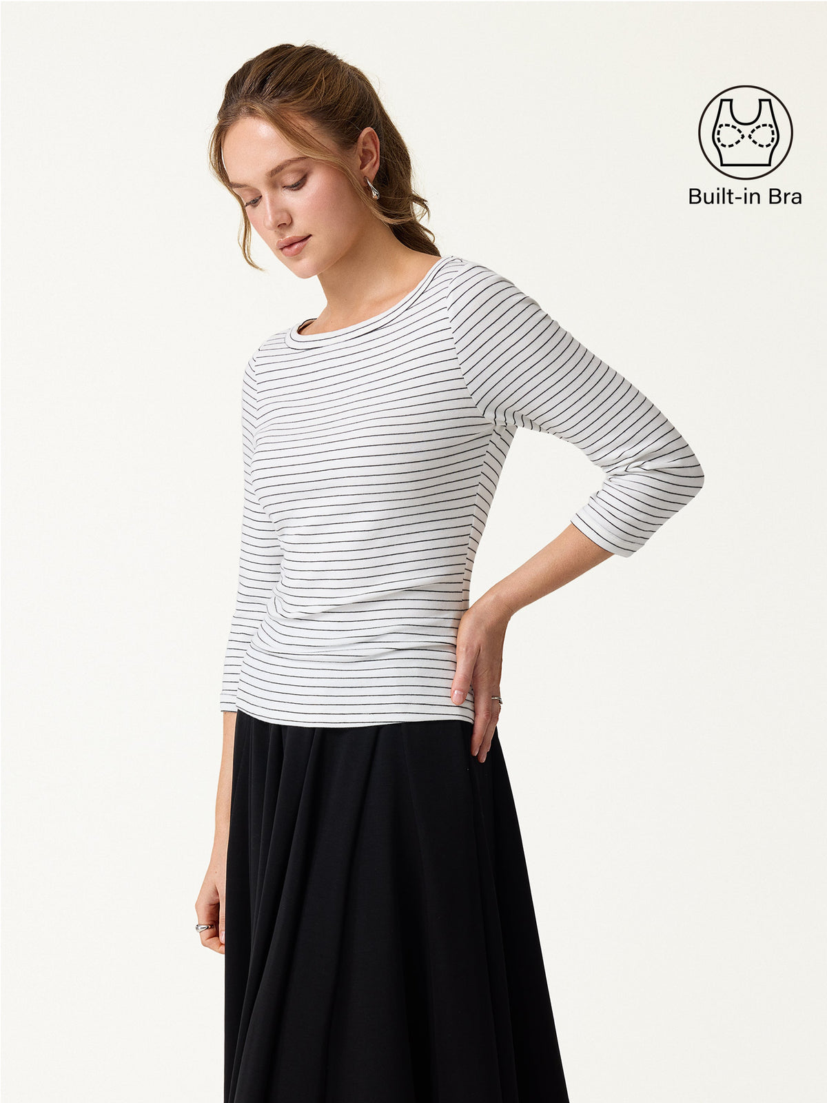 LiteWarm Striped Parisian Boatneck 3/4 Sleeve Built-In Bra Top — original photo 7