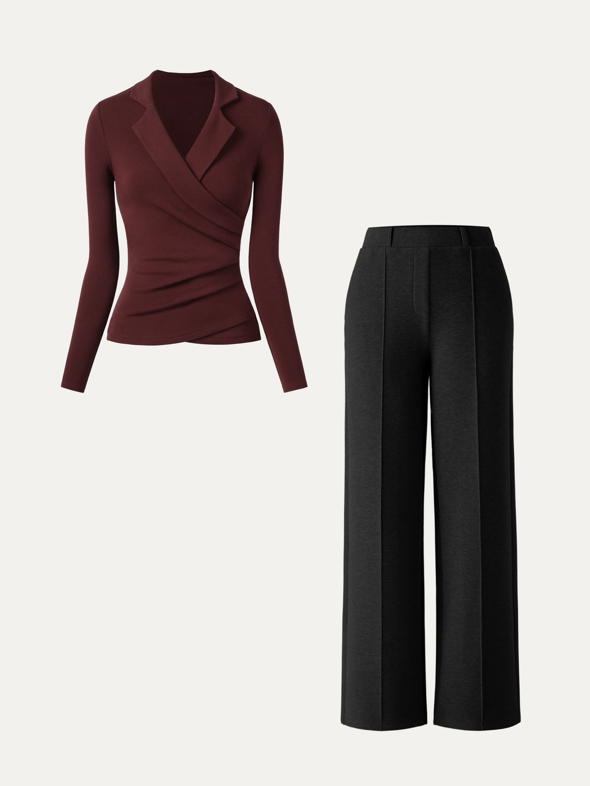 2Pcs Set Collared Surplice Top & High Waisted Straight Leg Pull On Pant — original photo 12